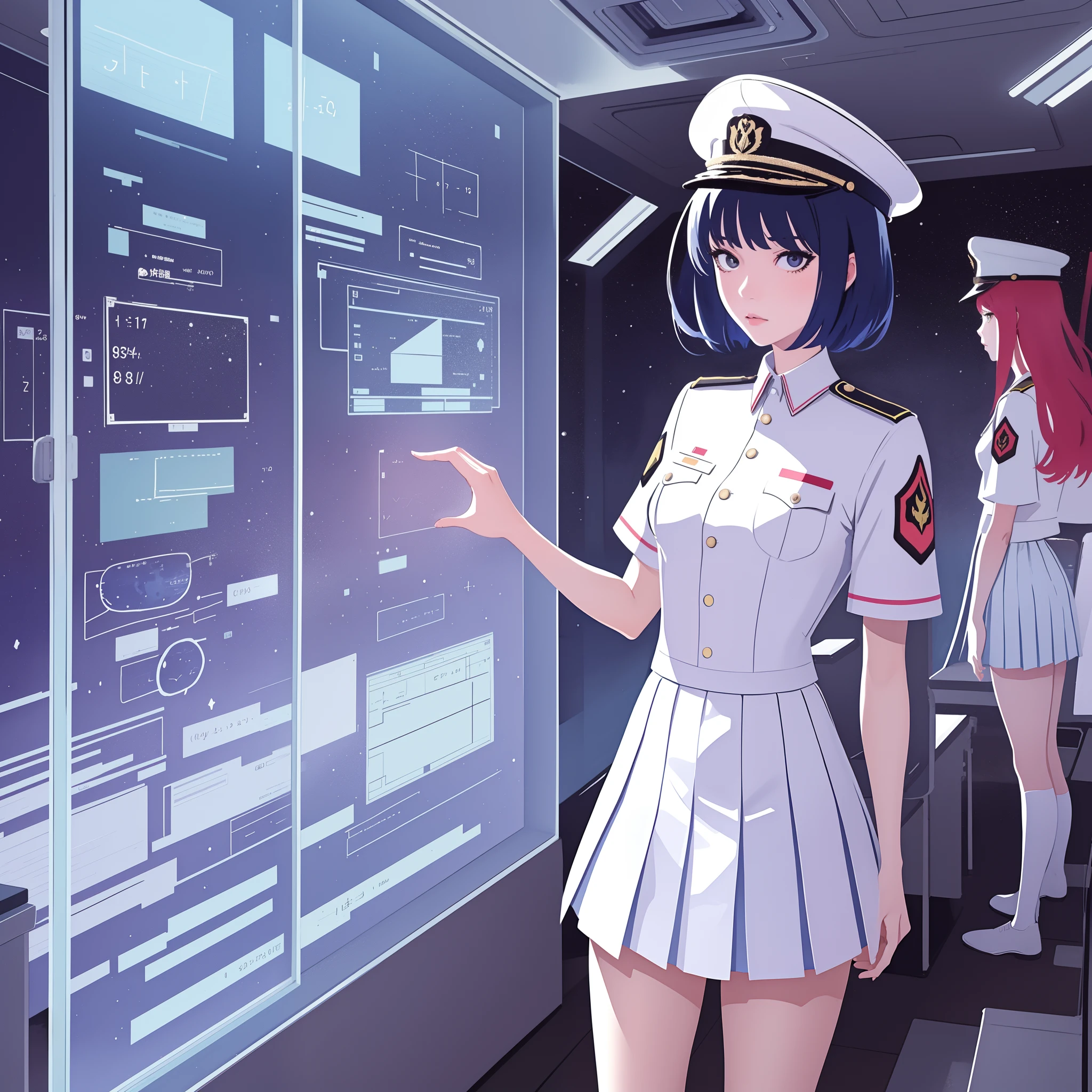 (masterpiece:1.2, best quality), 1girl, teen girl, white space cadet uniform, military hat, short pleated skirt, serious, standing by holographic board displaying math shapes,  classroom, spaceship interiors, sci-fi, cosmos outside window, futuristic, anime minimalist, watercolor