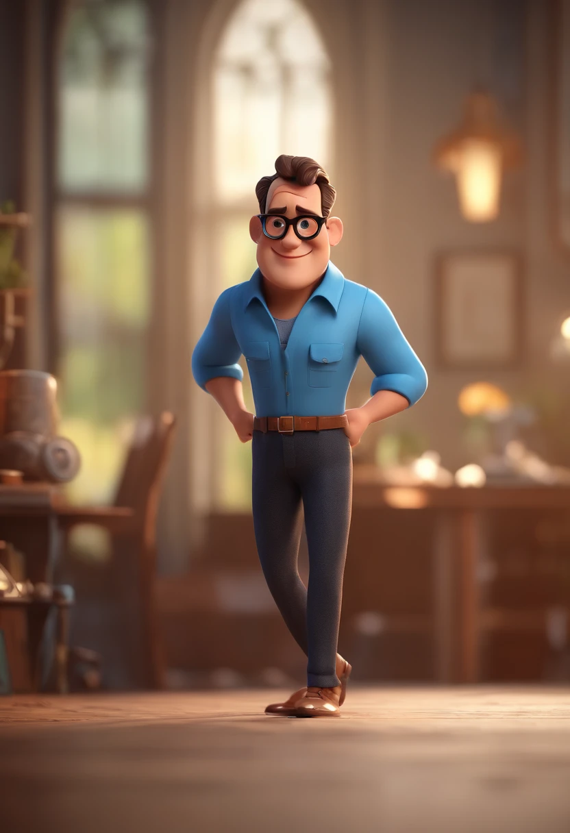Cartoon character of a man with black glasses and a blue shirt, animation character, Caractere estilizado, animation style rendering, 3D estilizado, Arnold Maya render, 3 d render stylized, toon render keyshot, Personagem 3D, Personagem 3D, 3d rendering stylized, 3 d character render, personagem de desenho animado, Personagem de close up, Pose de personagem, (Estilo Pixar) (master part:1.2) (Bokeh) (best quality) (pele detalhada) (textura detalhada) (8k) (argila) (Cinematic lighting) (foco nítido
