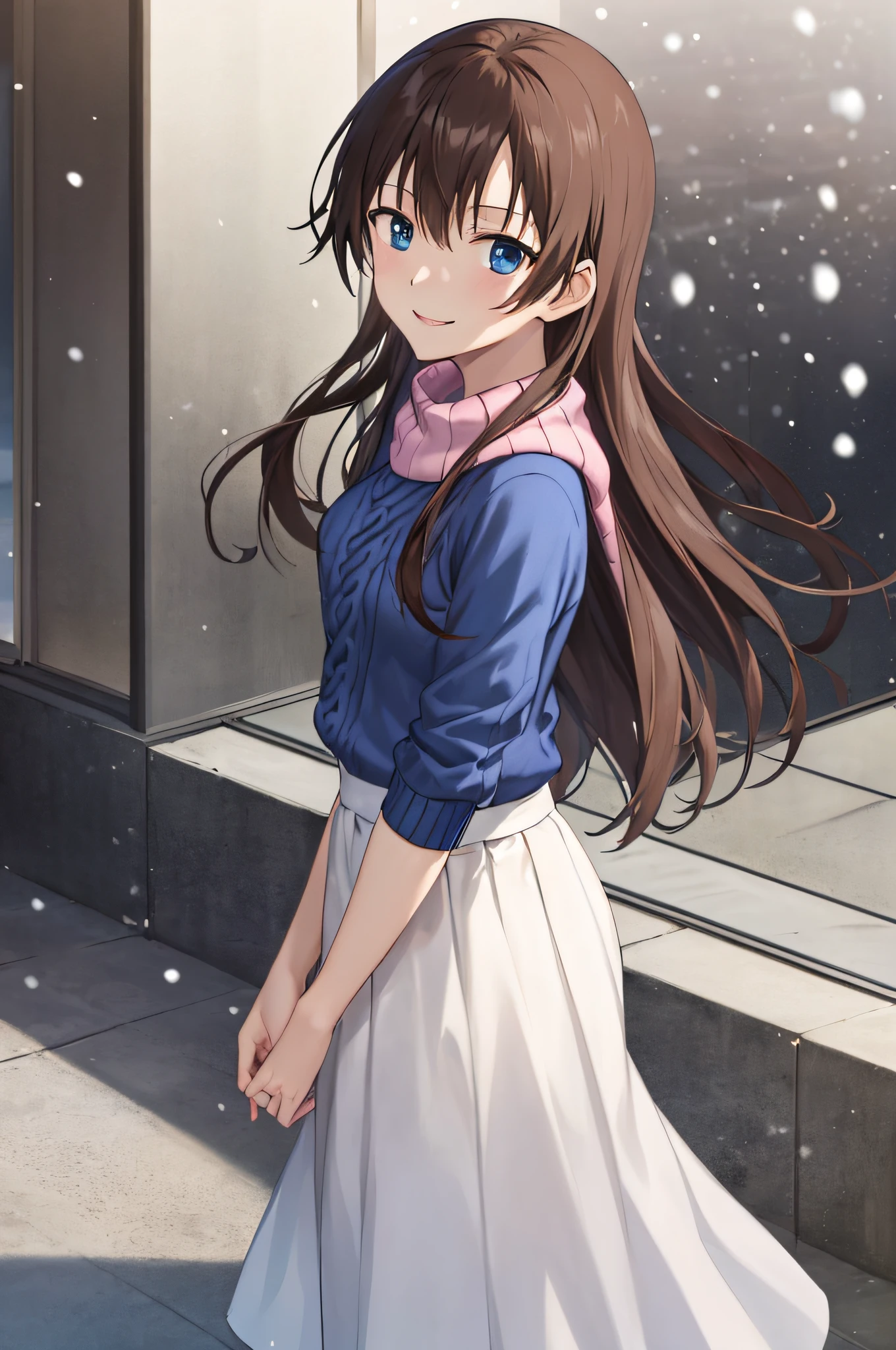 (masutepiece, Best Quality:1.2), hight resolution, anime screen cap, Anime coloring, 1girl in, Solo,
Hiromi_Yuasa, Brown hair, Long hair, Bangs, hair between eye, Blue eyes, medium breasts,Pink Sweater, turtle neck, ((White skirt)), Long skirt,Sit on the porch、 Looking at Viewer, from the front side,((The best smile))、Fantastical、It's snowing、
