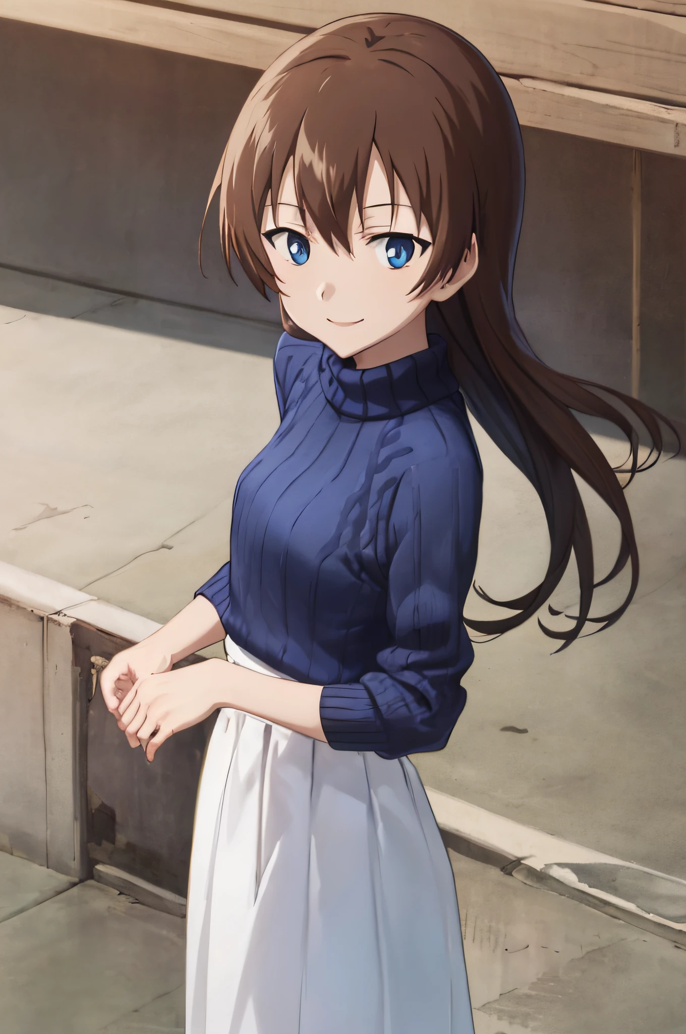 (masutepiece, Best Quality:1.2), hight resolution, anime screen cap, Anime coloring, 1girl in, Solo,
Hiromi_Yuasa, Brown hair, Long hair, Bangs, hair between eye, Blue eyes, medium breasts,Pink Sweater, turtle neck, White skirt, Long skirt,Sit on the porch、 Looking at Viewer, from the front side,((The best smile))、