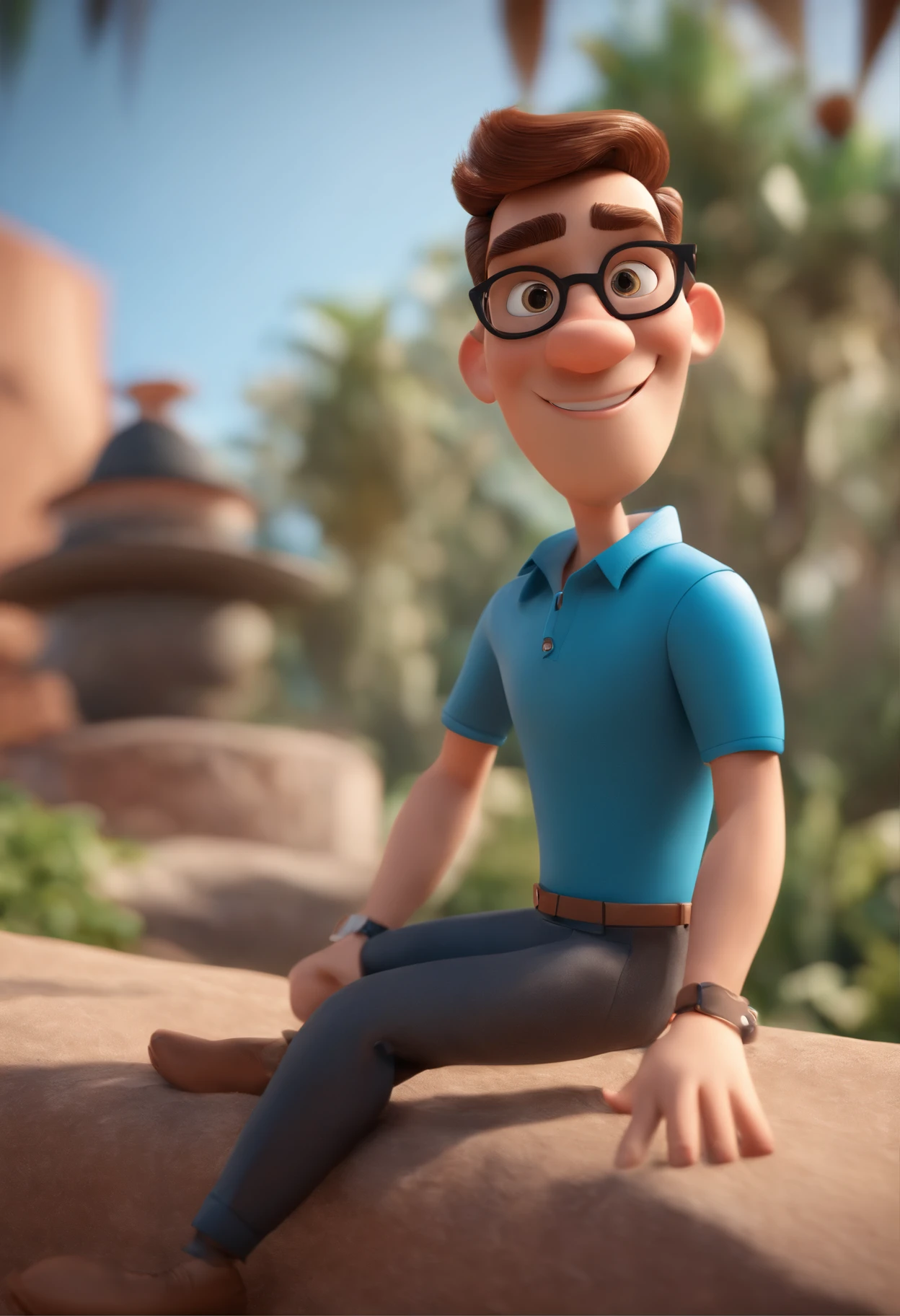 Cartoon character of a man wearing black glasses and a blue shirt, um personagem animado, Caractere estilizado, animation style rendering, 3D estilizado, Arnold Maya render, 3 d render stylized, toon render keyshot, Personagem 3D, Personagem 3D, 3d rendering stylized, 3 d character render, personagem de desenho animado, Personagem de close up, Pose de personagem, (Estilo Pixar) (master part:1.2) (Bokeh) (best quality) (pele detalhada) (textura detalhada) (8k) (argila) (Cinematic lighting) (foco nítido,Senta e vaza a parte superior do corpo