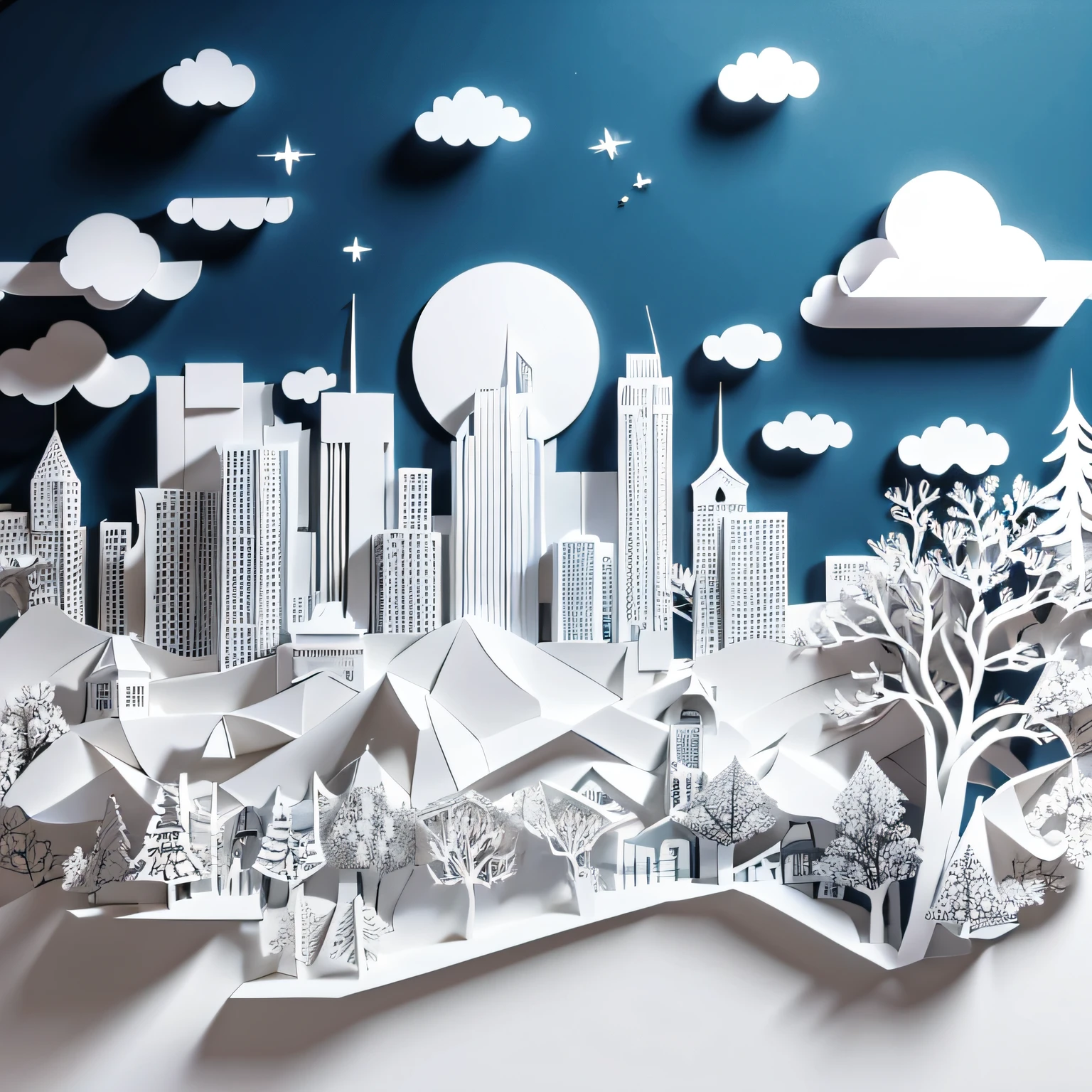 papercraft image, monochromatic white, all white, no colour, skyline, trees, buildings