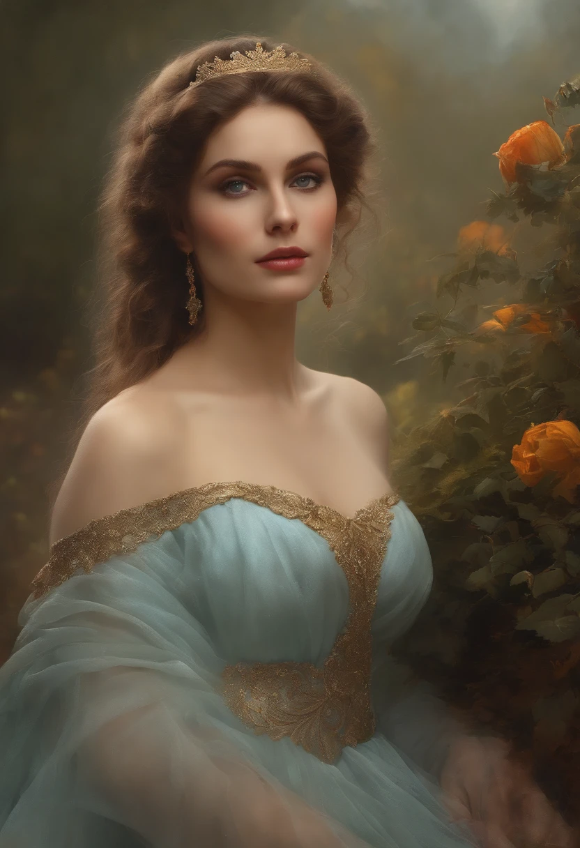 (8k, best quality, master part: 1.2), (best quality: 1.0), (ultra-high resolution: 1.0), Aquarela, uma mulher bonita, (pupilas brilhantes,Pupilas azuis),Ombros, headband, Inês Cecil, retrato do busto, design extremamente brilhante, pastels colors, Luzes de outono, Cinza mal-humorado, estilo gritty estilo Alexei Savlasov, Ivan Shishkin, Ilya Repin, (Card retouching: 1.2), 2D, (oil painting: 1.2) altamente detalhado