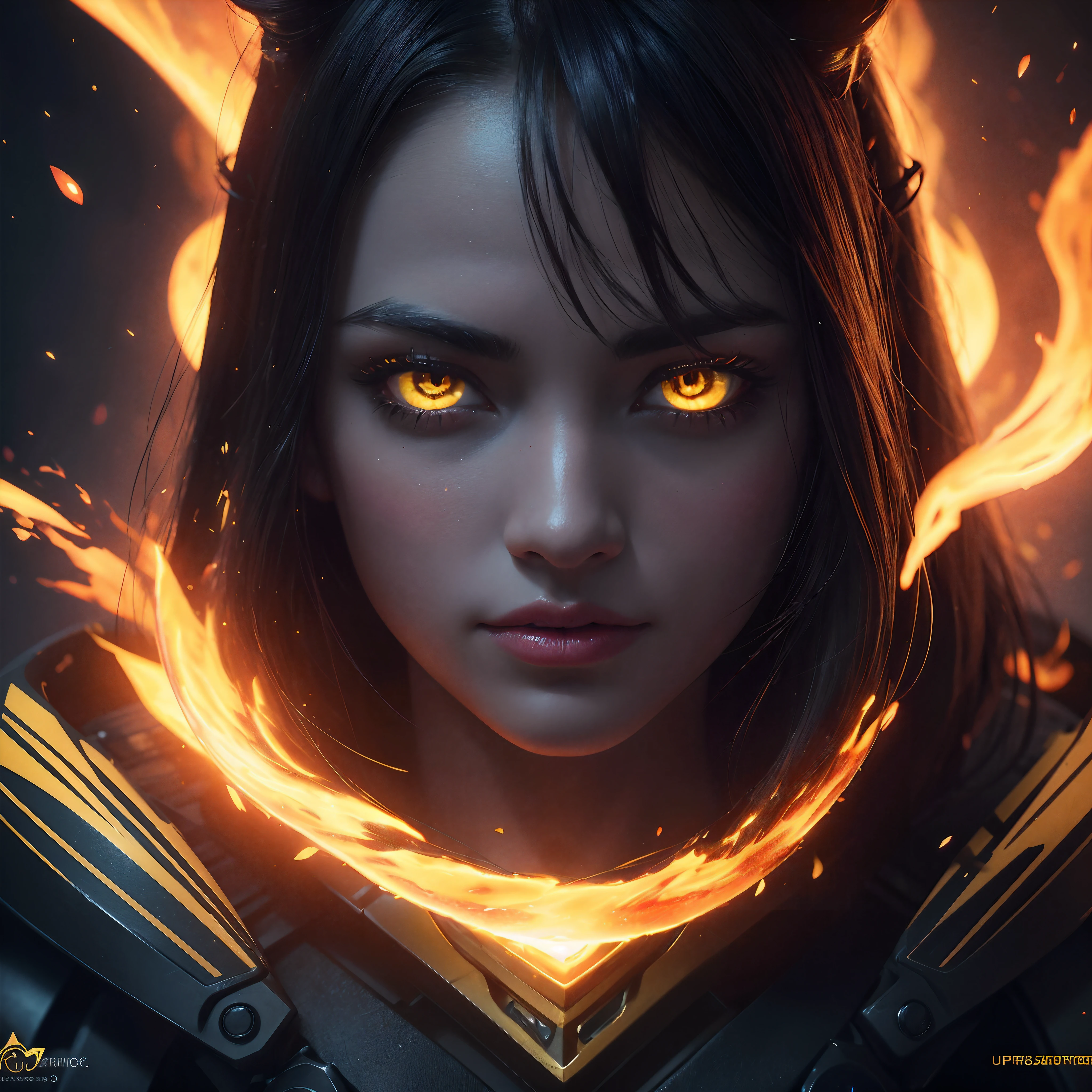 (best quality,4k,ultra-detailed,realistic:1.2), yellow glowing particles, firey eyes, dark shadow, beautiful detailed lips, vibrant colors, intense lighting