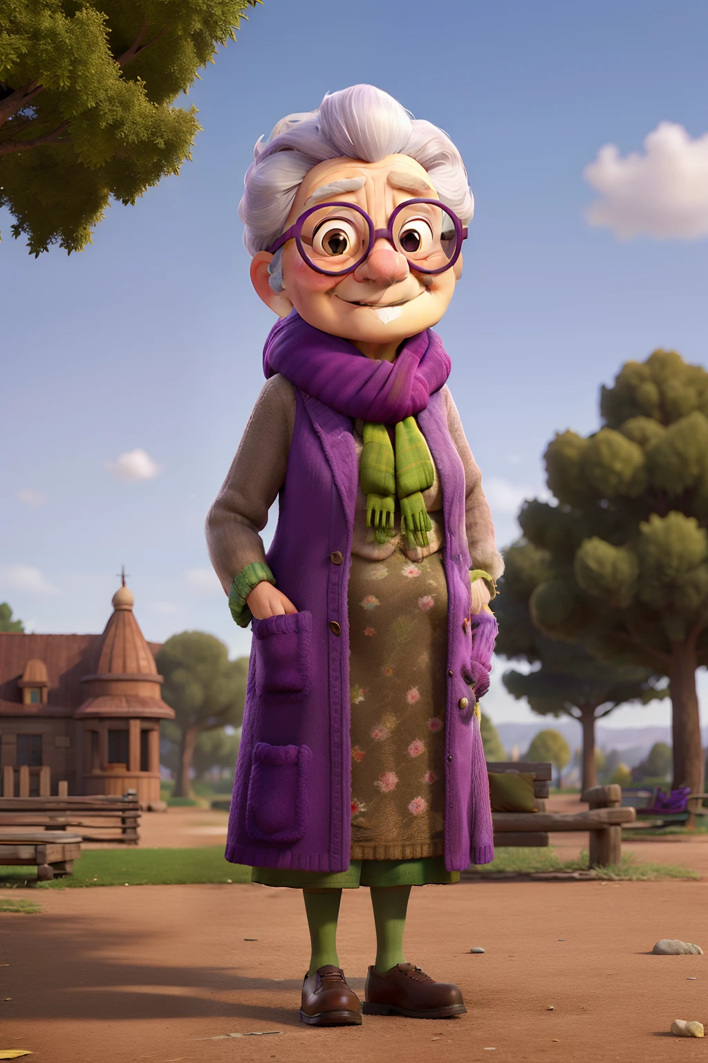 masterpiece, best quality, an old woman with glasses and a scarf on, wearing a purple coat and green scarf, standing at the park