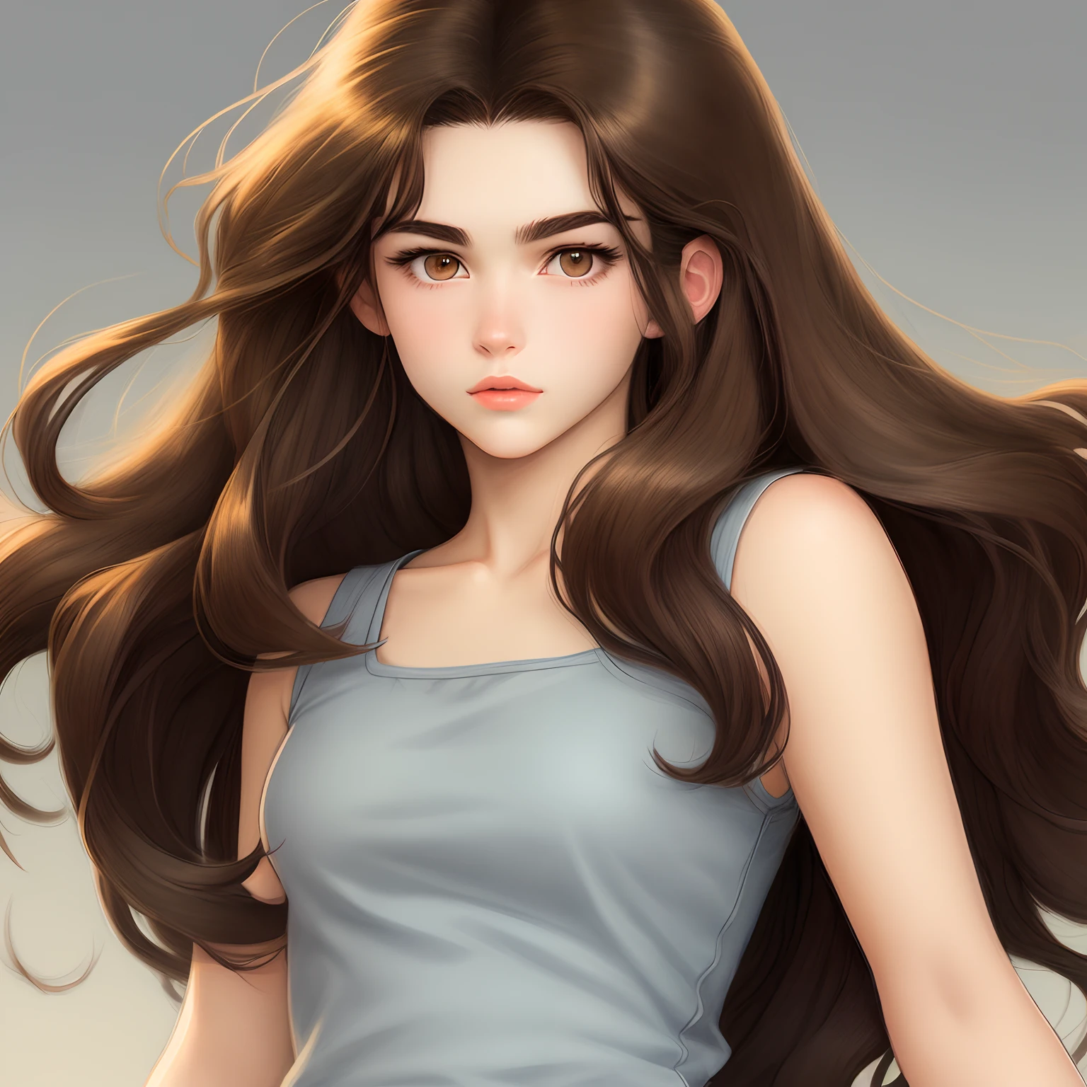 Drawing of 90's cartoon style of single young woman. Very long wavy dark brown hair, dark almond eyes, sharp jawline, plump lips, stoic facial features, mysterious aura.
