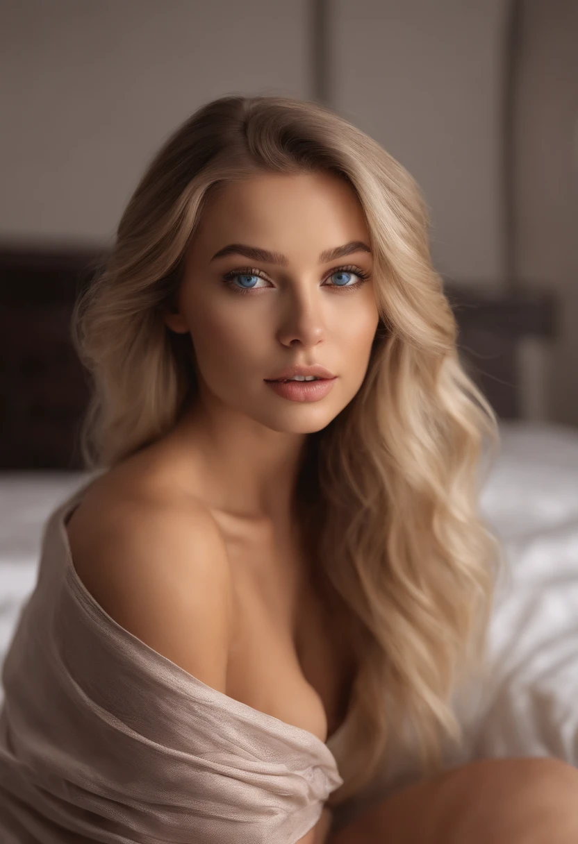 arafed woman fully , sexy girl with blue eyes, ultra realistic, meticulously detailed, portrait sophie mudd, blonde hair and large eyes, selfie of a young woman, bedroom eyes, violet myers, without makeup, natural makeup, looking directly at the camera, face with artgram, subtle makeup, stunning full body shot kneeling on bed, in bedroom, medium to large size bust