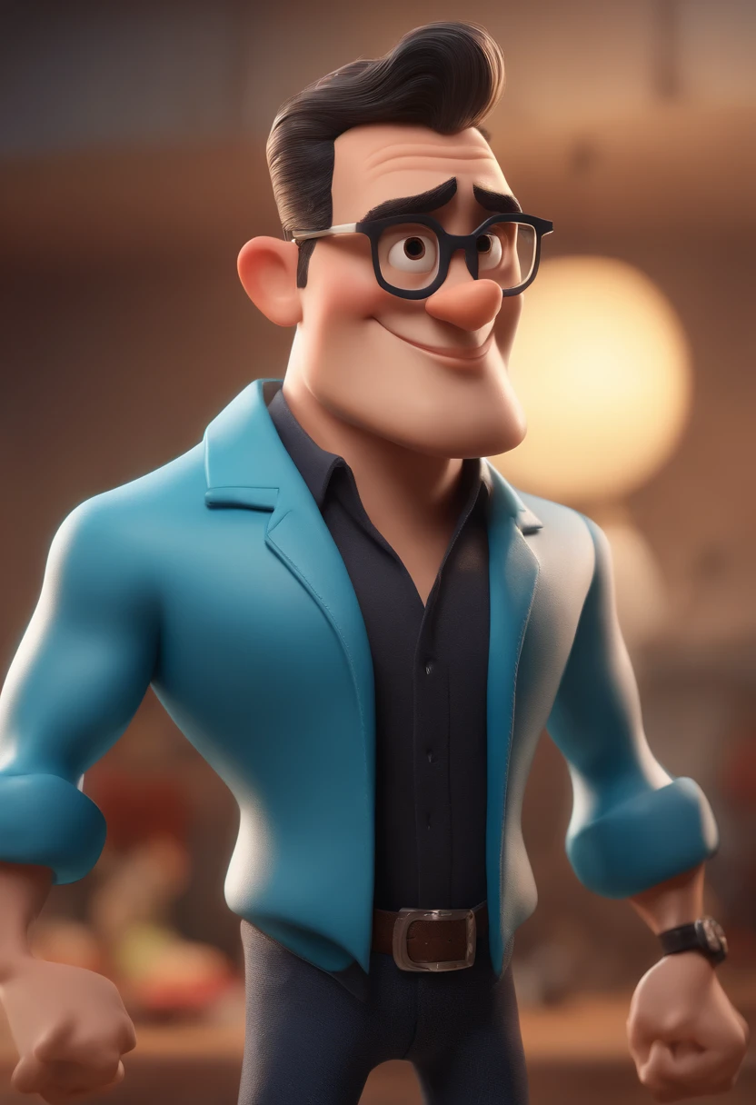 Cartoon character of a man with black glasses and a blue shirt, animation character, Caractere estilizado, animation style rendering, 3D estilizado, Arnold Maya render, 3 d render stylized, toon render keyshot, Personagem 3D, Personagem 3D, 3d rendering stylized, 3 d character render, personagem de desenho animado, Personagem de close up, Pose de personagem, (Estilo Pixar) (master part:1.2) (Bokeh) (best quality) (pele detalhada) (textura detalhada) (8k) (argila) (Cinematic lighting) (foco nítido