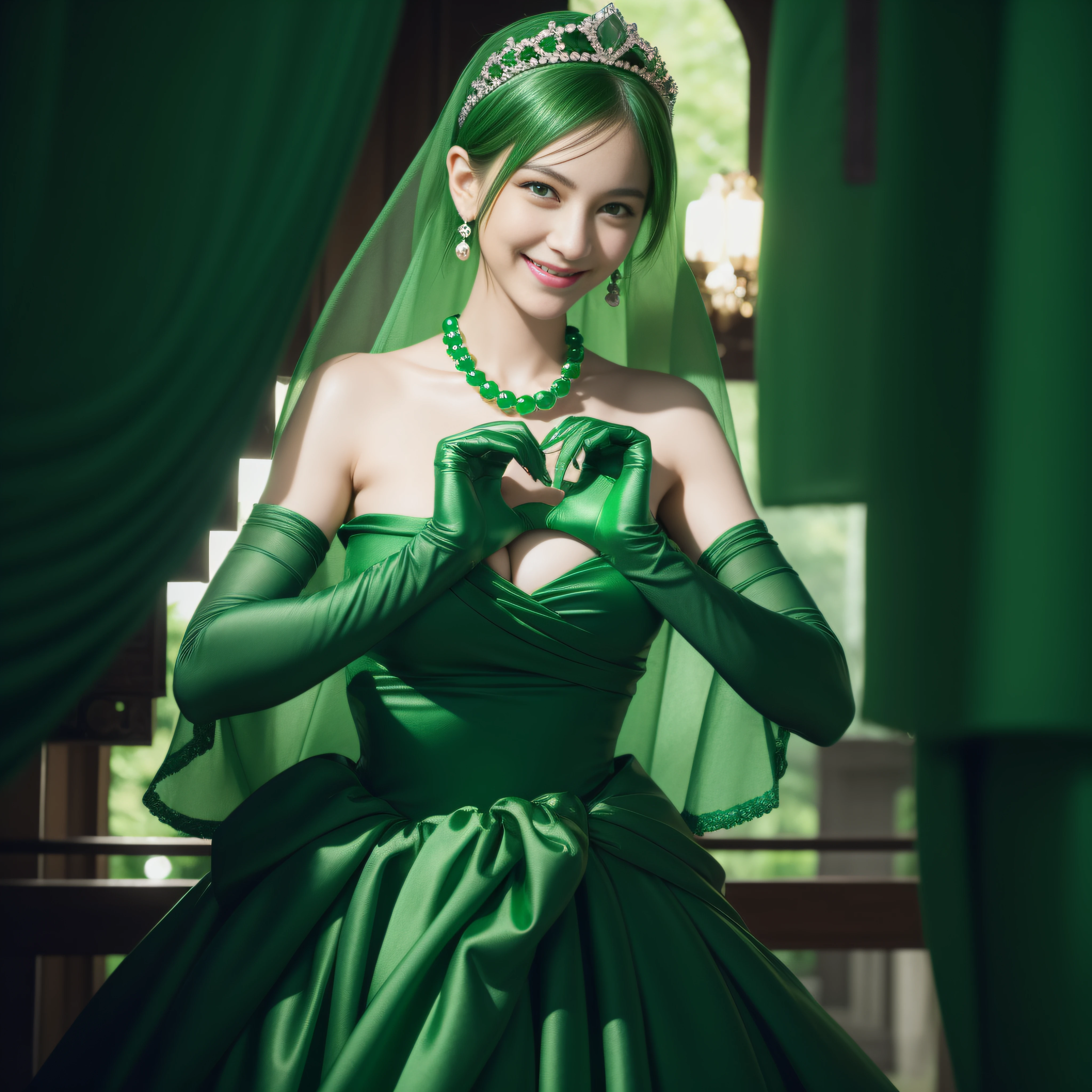 Emerald tiara, Green Pearl Necklace, Boyish very short green hair, Green Lips, Smiling Japanese woman, Very short hair, Busty beautiful lady, Green Eyes, Green satin long gloves, Green Eyes, Emerald Earrings, Green Veil, Heart with both hands, Green Hair, Beautiful Japanese Woman, Heart shaped hands:1.3, green lip gloss