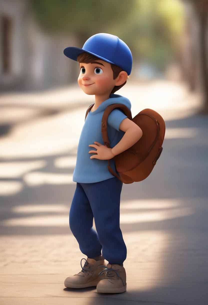 A happy cute boy standing short hair with dark blue cap , vestindo uma camisa azul , , fundo branco, barnet, Tom, Estilo Pixar, ......3d, desenhos animados, rosto detalhado, asymmetrical 16k
