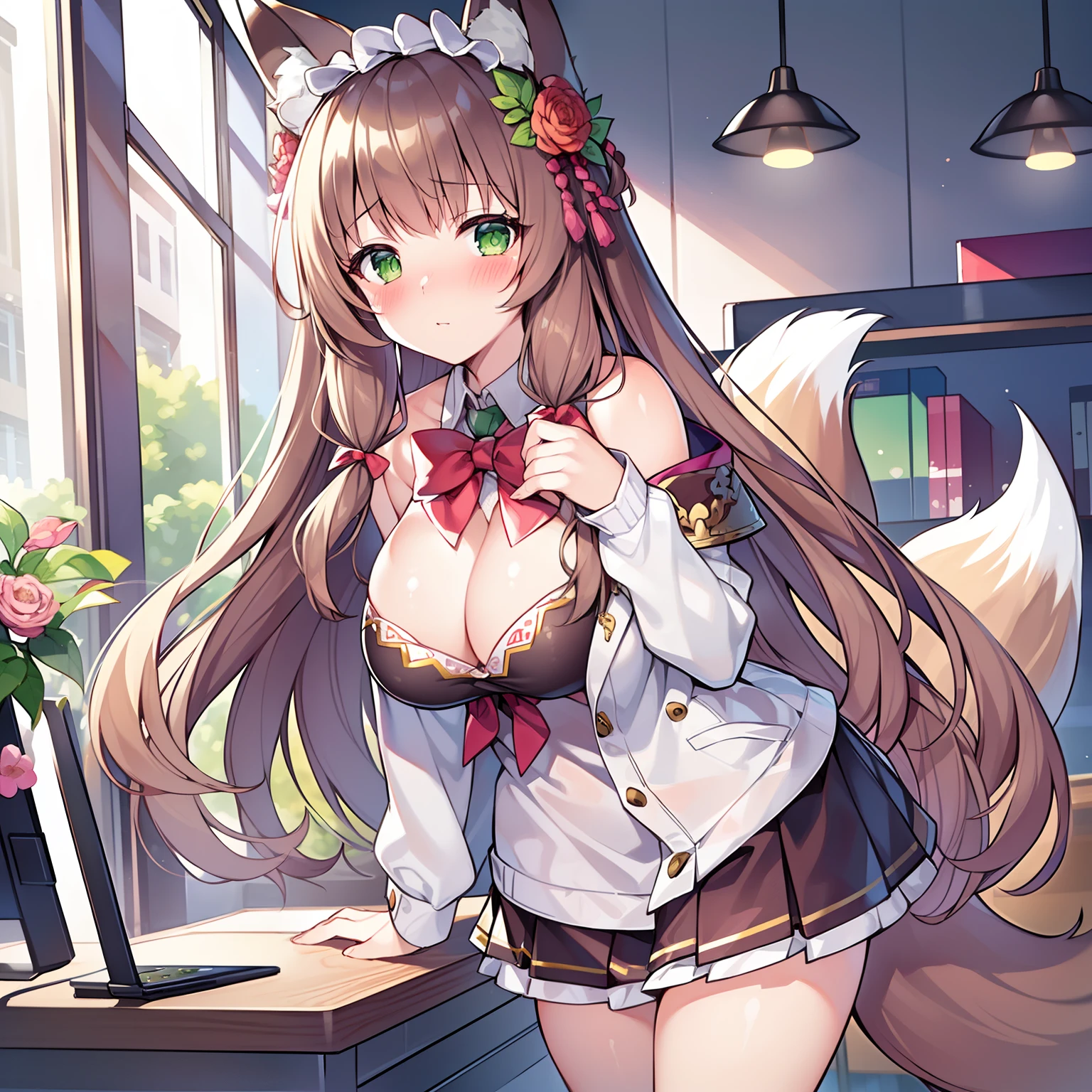 (tmasterpiece,Highest high resolution,8k wallpaper,Highest drawing quality),1girll,Solo,(Huge fox tail),Brown hair long,Green eyes,Small flower headdress,21-year-old college student_C cup,Modern architecture, (Blushing:1.3),A MILF, Sexy JK uniform,In a sex toy store,