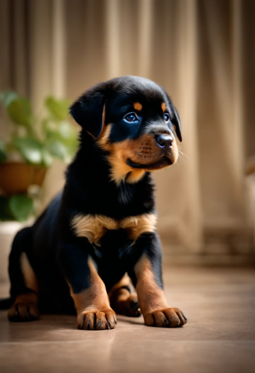 6 Rottweiler lying on the floor side by side, looking at the camera, everyone inside the photo, white background --s 750 --ar 18:6