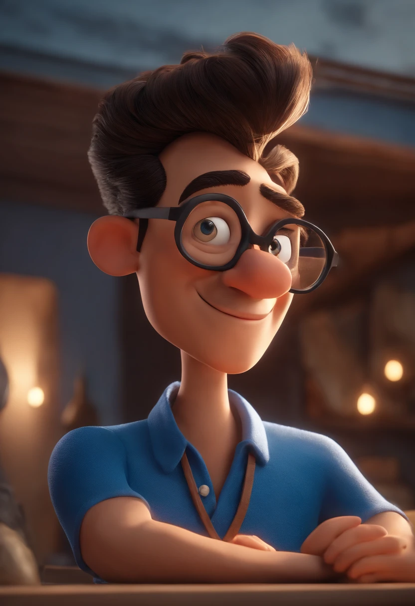 Cartoon character of a man wearing black glasses and a blue shirt, um personagem animado, Caractere estilizado, animation style rendering, 3D estilizado, Arnold Maya render, 3 d render stylized, toon render keyshot, Personagem 3D, Personagem 3D, 3d rendering stylized, 3 d character render, personagem de desenho animado, Personagem de close up, Pose de personagem, (Estilo Pixar) (master part:1.2) (Bokeh) (best quality) (pele detalhada) (textura detalhada) (8k) (argila) (Cinematic lighting) (foco nítido,Senta e vaza a parte superior do corpo