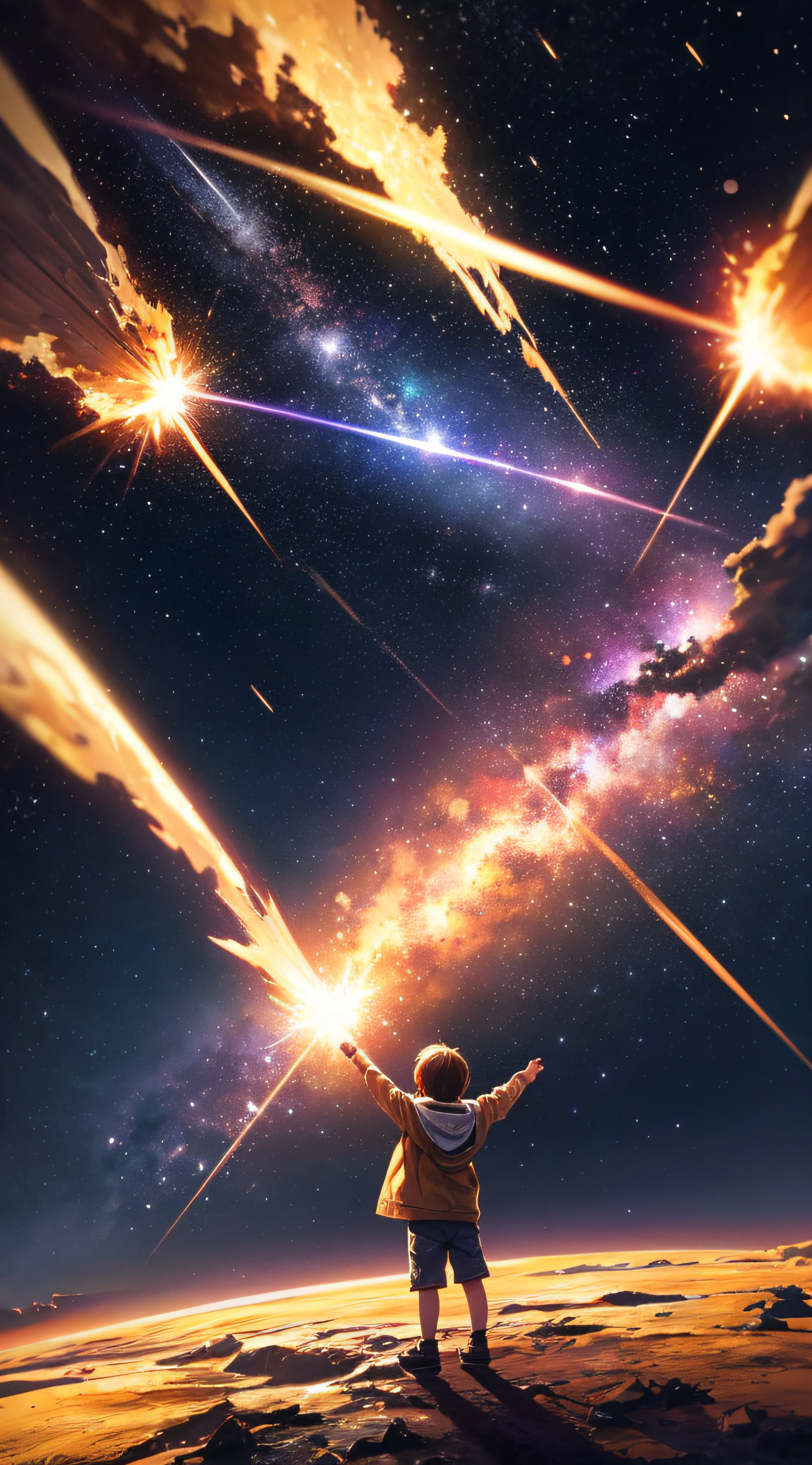 masterpiece: a child on Earth looks at a meteor shower, meteors falling from the sky, space galactic background, dynamic lighting, vibrant color. (best quality, 8k, highres, masterpiece: 1.2)