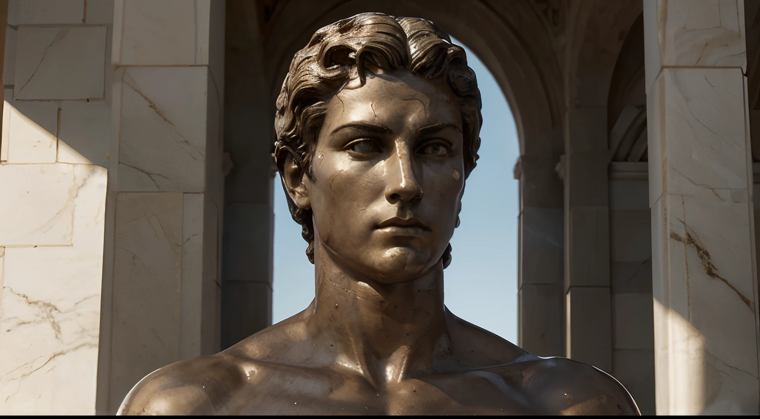 (best quality, realistic:1.37), marble statue of Emperor Julian the Apostate embracing stoic principles, muscular, aesthetically pleasing, detailed facial features, prominent cheekbones, chiseled jawline, intense eyes, Greek-inspired attire, majestic posture, serene expression, natural light, soft shadows, bronze highlights, timeless beauty, classical sculpture