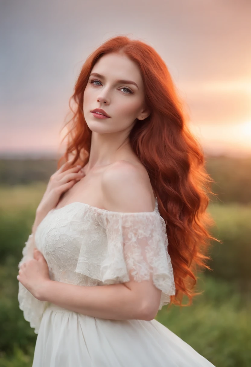 young woman, beautiful face, long wavy hair, fiery red hair color, bright green eyes, white skin, sunset background, blurred background, photorealism, wearing a white dress