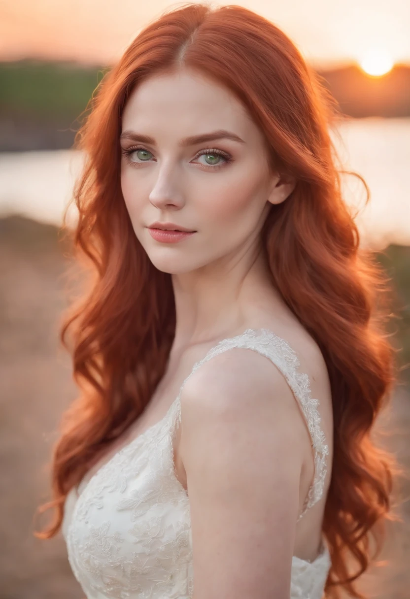 young woman, beautiful face, long wavy hair, fiery red hair color, bright green eyes, white skin, sunset background, blurred background, photorealism, wearing a white dress