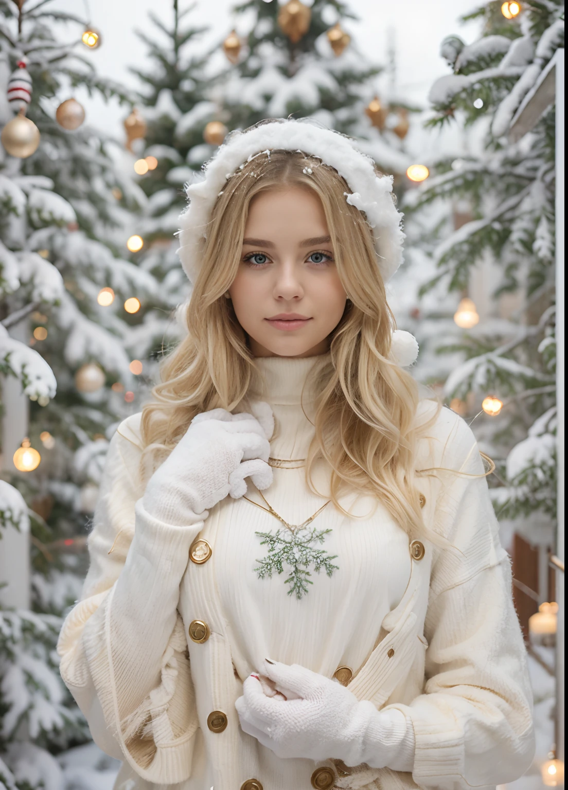 Blonde girl with blonde hair, It's winter outside, All in Herlands, Christmas trees with gloves