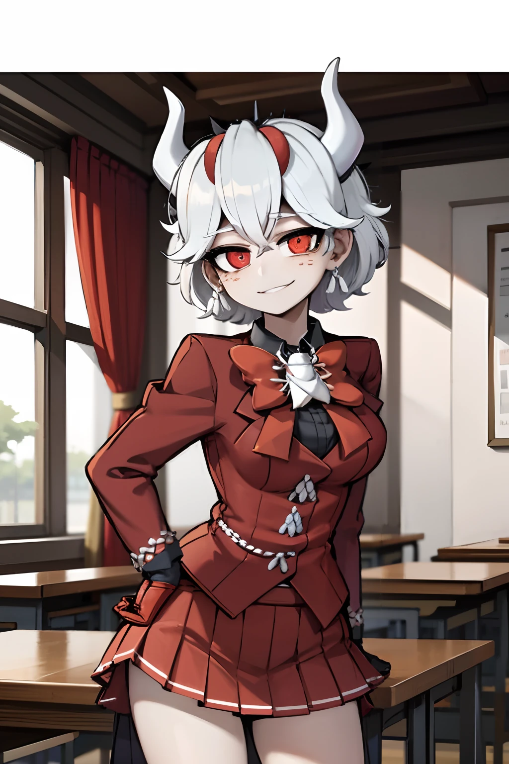 beelzebub(helltaker), red bowtie,1girl, looking at viewer, red eyes, demon horns, white hair, smile, earrings, closed mouth, demon girl, red gloves, gloves, jewelry, horns, white horns, solo, hair between eyes, cowboy shot, solo, short hair, school uniform, skirt, standing, leaning forward, arms behind back, smile, classroom