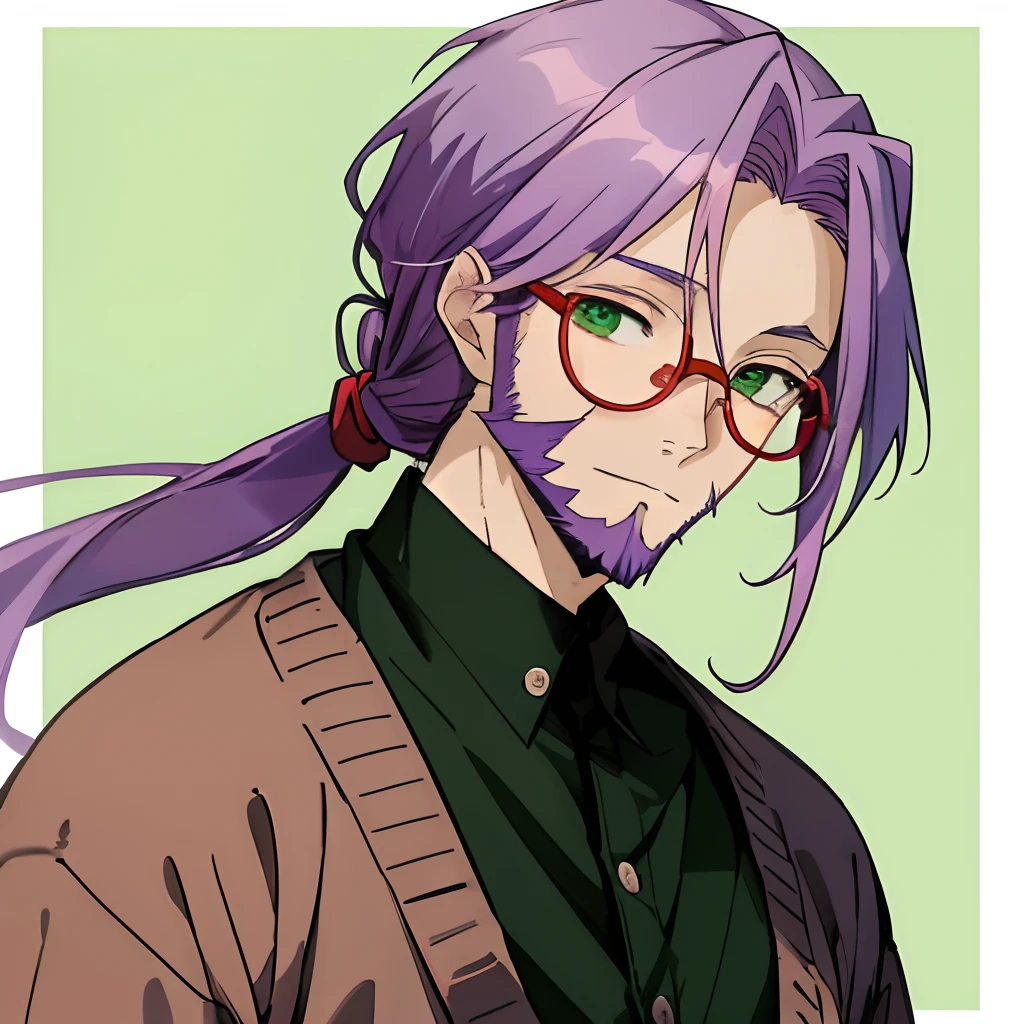 Young but mature looking anime man with light long purple hair and beard, wearing smart cardigan with hair tied up, green eyes, looking at the camera, red glasses