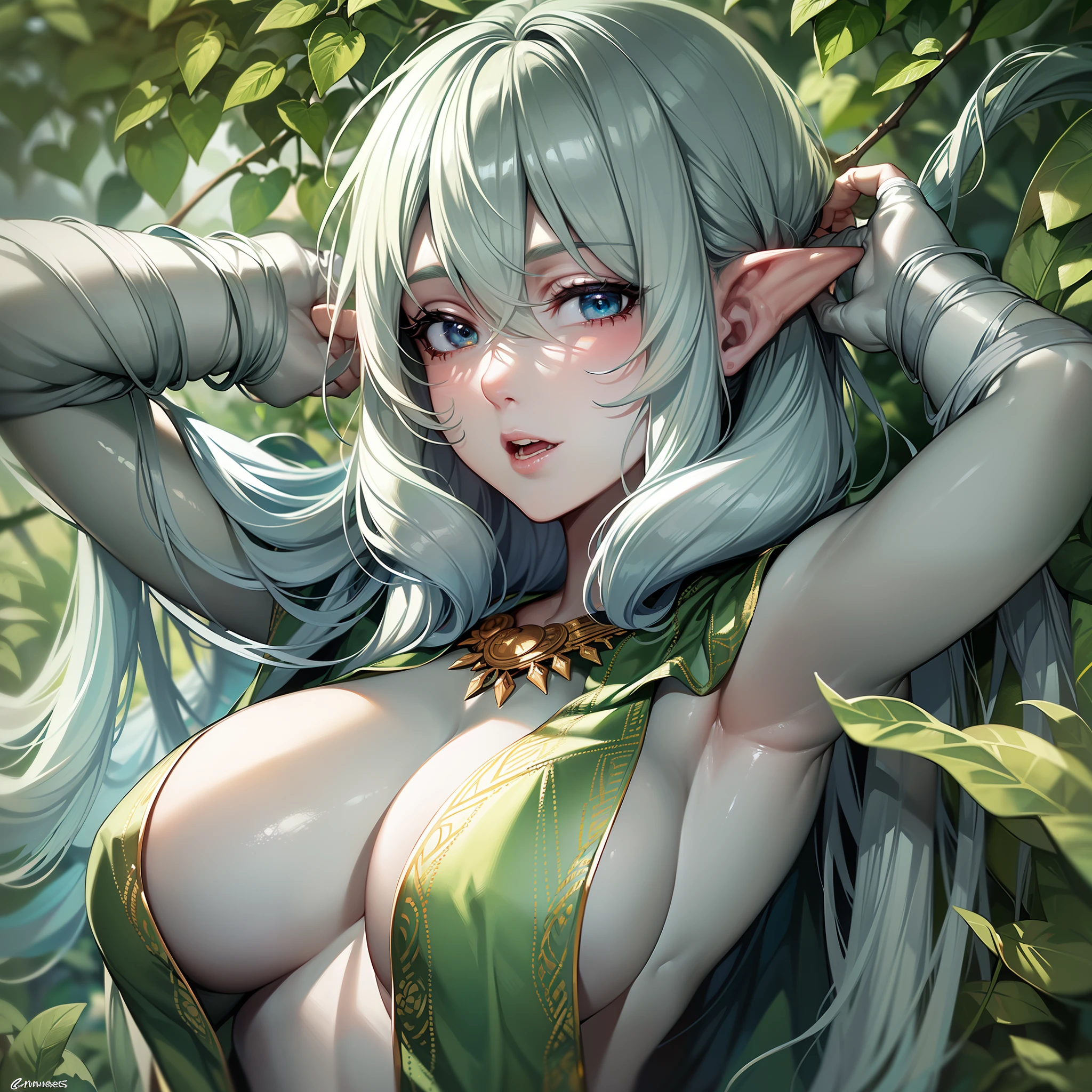 (8k, top quality, masterpiece) 1.2, super detailed, one woman (perfect body depiction),((body wrapped around a vine)),(breast wrapped around a vine)),((burrows under clothes)),((limbs wrapped around a vine)),(pale blue hair,big breasted elven adult woman),(light green garment),(frightened face,shiny watery eyes),(strong shiny skin)