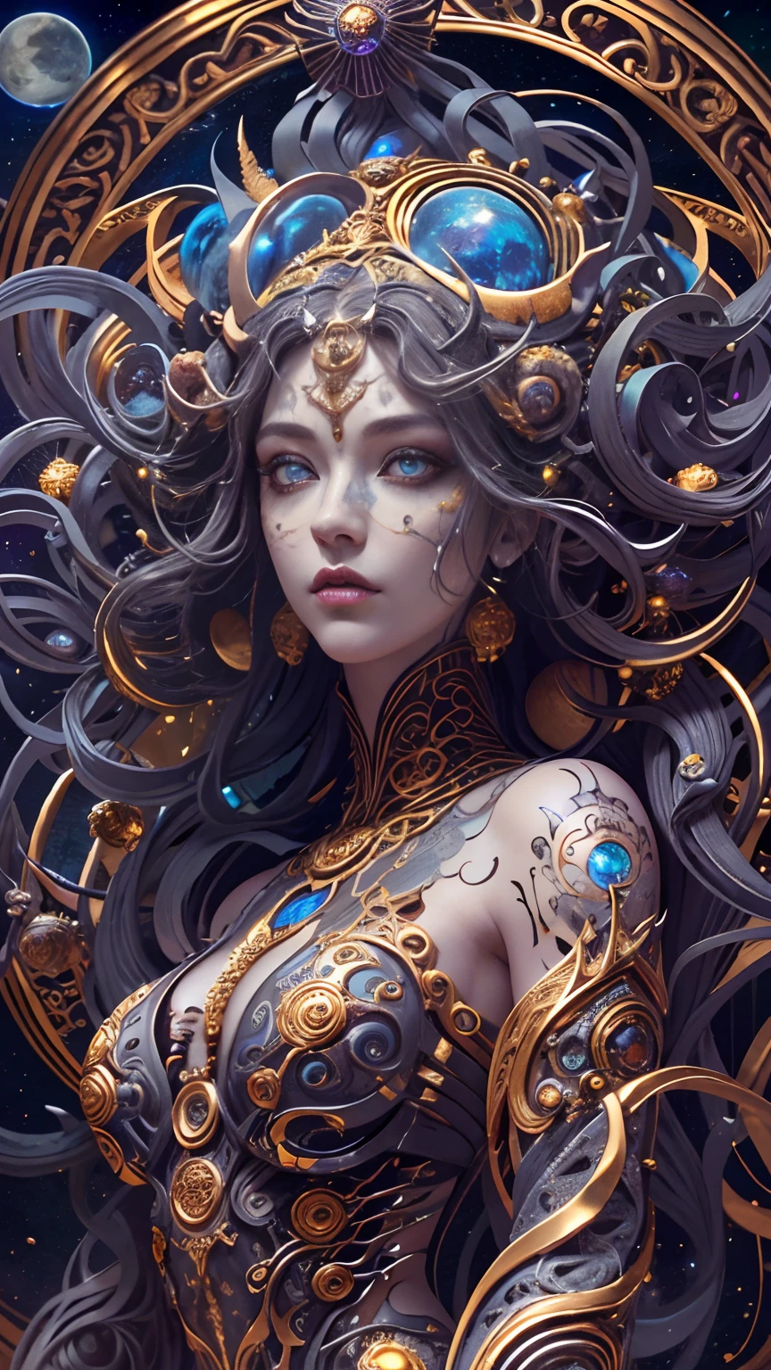 Corpo inteiro como,(melhor qualidade,Ultra - Detalhado,best illustration,Melhor sombra,tmasterpiece,A high resolution,ProfissionalArtwork,obras de arte famosas),Olhos detalhados,Olhos belos,clivagem em close-up,scientific fiction,esclera colorida,robot eyes,marcas faciais,Tatuado com,(fractalizado,olhos fractais),olhos grandes,olhos arregalados,(foco ocular),Foco Sface,Cosmic eyes,Olhos espaciais,Close-up da escultura de metal de uma mulher com uma lua em seu cabelo,deusas。Detalhe extremamente alto,Retrato da deusa 3D,Imagens extremamente detalhadas da deusa,Um retrato impressionante de uma deusa,Imagem lateral da deusa,Retrato de uma bela deusa,Retrato em close-up de corpo inteiro da deusa,hecate goddess,portrait of a norse moon goddess,goddess of space and time,(Foto RAW:1.2),dedo de camelo,Oco em,suor leggs,white liquid, pele rosa lisa, shiny metallic glossy skin, reluzente, Espalhe as pernas Pernas em forma de M,olhar irritado,mal-estar,irritado,white liquid all over body,Corpo inteiro como