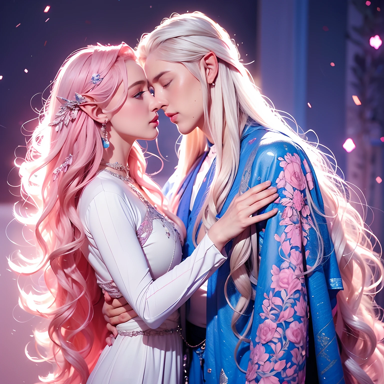 "Woman, long curly hair, pink hair, blue eyes, close to the man. Man, boy, young, male, long hair, white hair, close to woman, dance position, together, elf ear, m Woman with elf ears, man with elf ears, elves