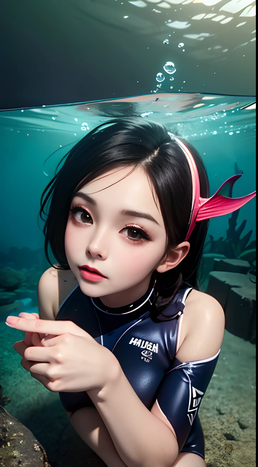 beautiful a girl、Diving, under the water, Dive directly underneath to take underwater photos, in water, underwater photo, guweiz、skin diving, Anime style mixed with Fujifilm、random color: swim wears、knee sox、Diving fins、swimming pools、Ultra Deep、Head to the bottom of the sea、Sinking from the head