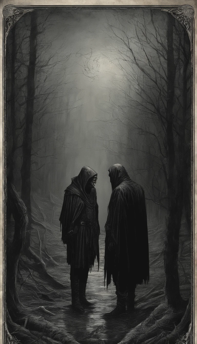 Dark Gothic Illustration, in a dark room a man in a black coat and hood, don't show your face too much