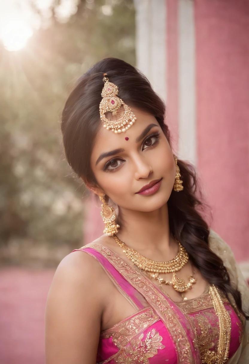 a indian woman posing for a picture, indian, traditional beauty, indian, beautiful goddess, ornate cosplay, indian style, indian super model, beautiful maiden, gorgeous woman, south east asian with long, provocative indian, gorgeous beautiful woman, beautiful asian girl, extremely detailed goddess shot, jaw-dropping beauty, big boobs deep cleavage sexy navel, , exposed, big bust, pink