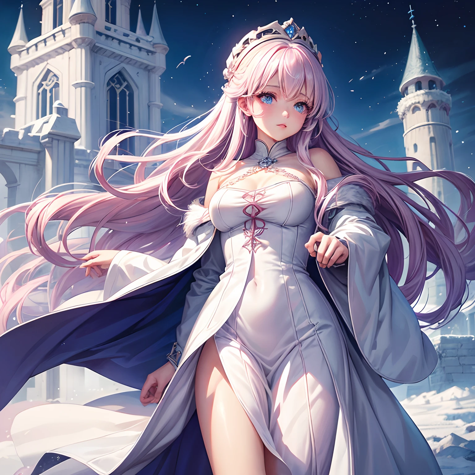 Girl, winter coat, princess, white fur coat, sky blue eyes, long flowy light pink hair, somber eyes, icy castle, medieval style clothing, anime art, korean webtoon art, round eyes, cherry lips, no crown