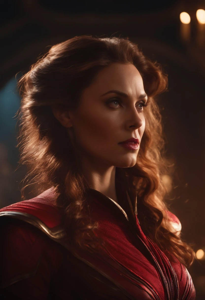Scene from Movie, Scarlet Witch from Marvel Close-Up Shot, Distorted Space, Distorted Undead in the Background, Lens Flares, Light Shafts, Intricate Details, High Detailed, Volumetric Lighting, 4k Rendering, Stock Photo, Hyper Realistic, Realistic Textures, Dramatic Lighting, Unreal Engine
