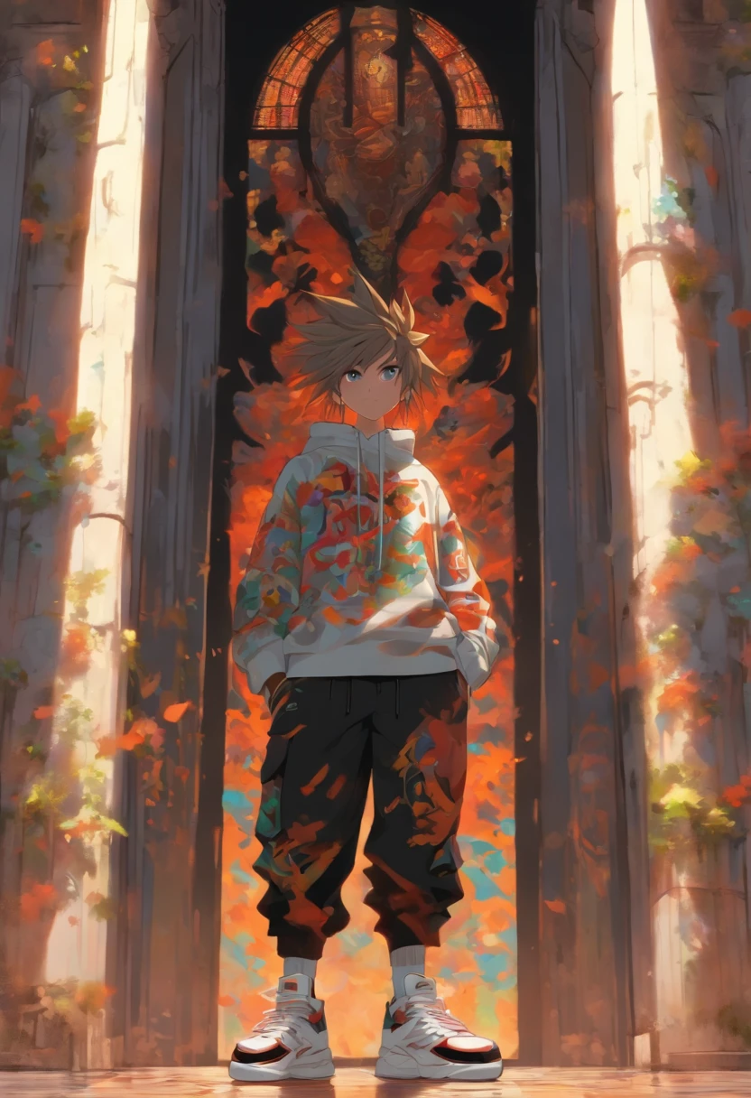 A garota ruiva, with black pants, white sneakers, tshit branca, terno grande cinza, argola prata, piercing no nariz, bochechas redondas, cabelos levemente ondulados, olhos marrons, sorrindo, Standing in front of a contemporary black and gray walls church