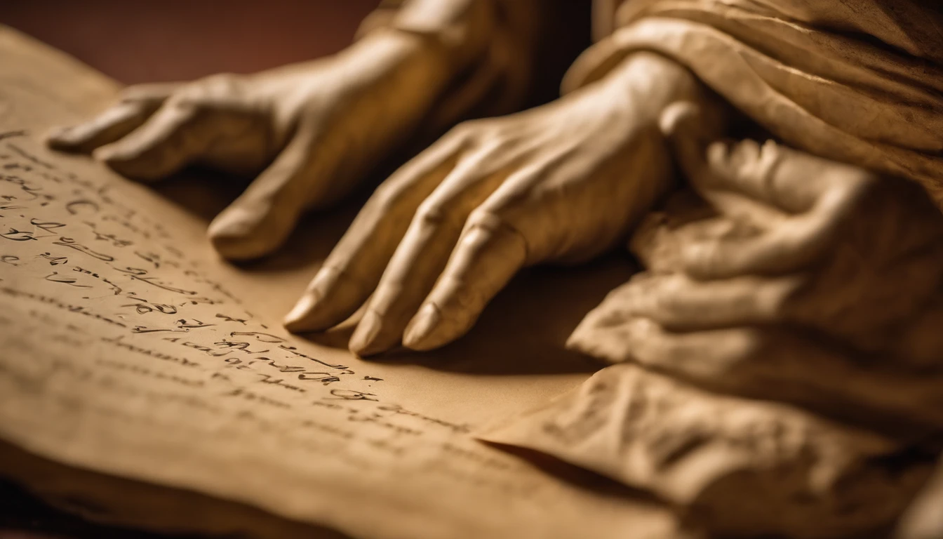 Statue depicting Stoic virtue, with emphasis on details of the parchment and quill.
Close-up camera angulation to highlight the details of the writing on the parchment.
Direct lighting that enhances the calligraphy on the parchment and the texture of the paper.
