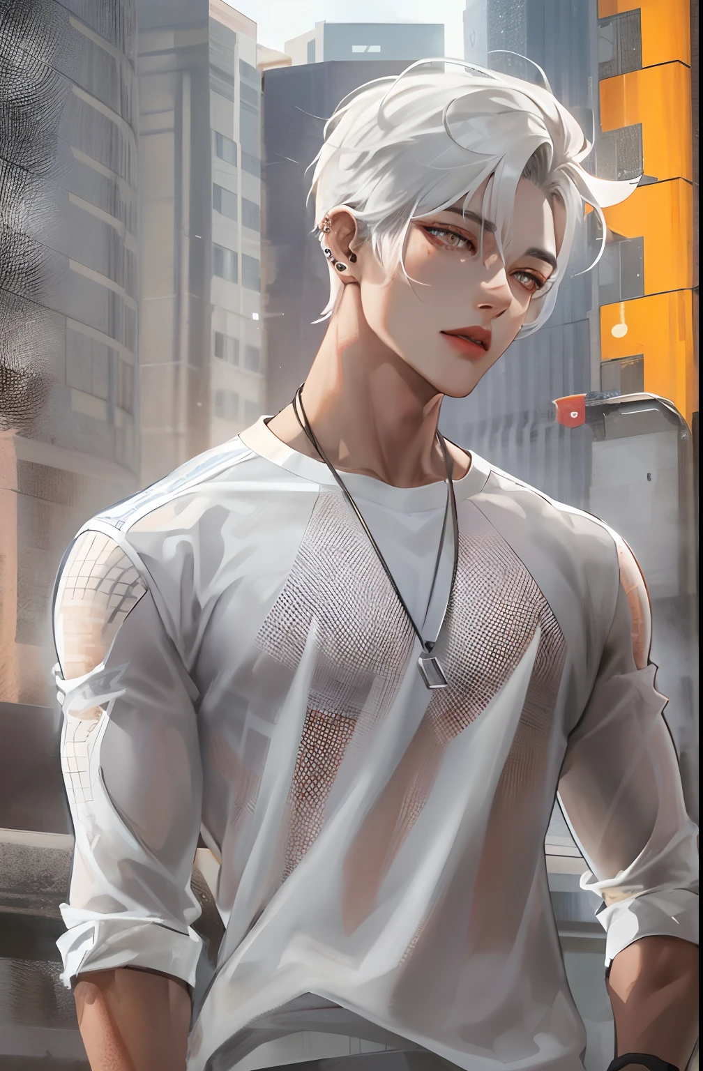 Describe the striking features of the Korean boy in sharp HD graphics, with his piercing amber eyes and chiseled jawline, wearing a stylish, modern outfit that accentuates his lean physique. His short, white hair is styled in a contemporary way, giving him an air of confidence and charm as he stands against a vibrant cityscape backdrop.