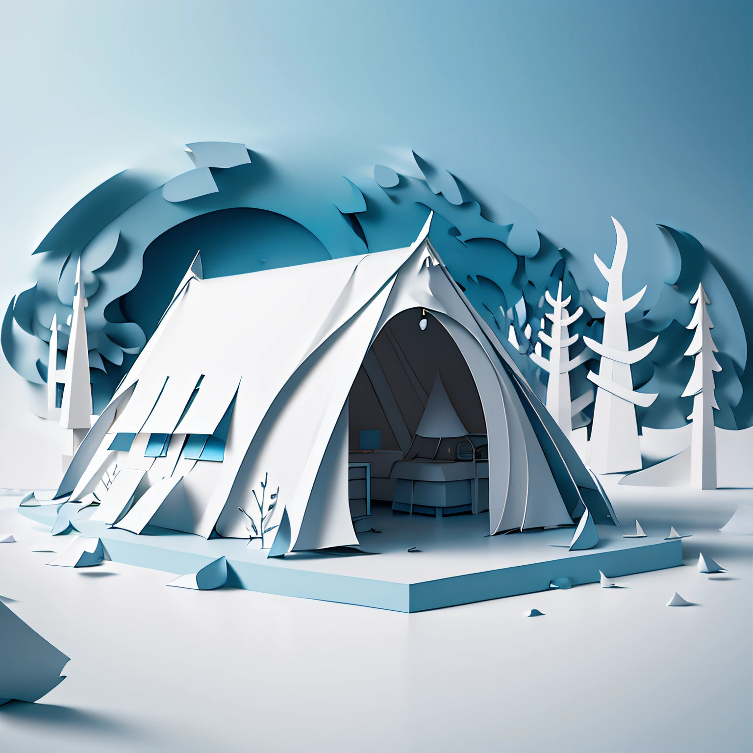 papercraft image, monochromatic white, all white, light blue, medical tent, nature reserve