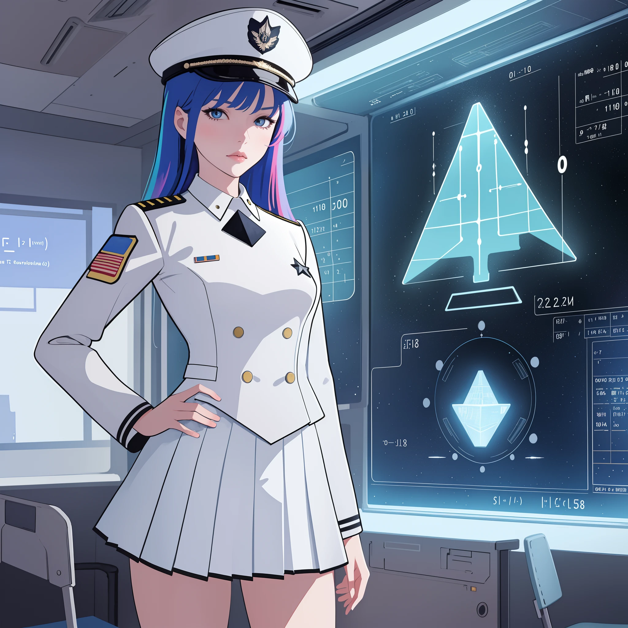 (masterpiece:1.2, best quality), 1girl, teen girl, white space cadet uniform, military hat, short pleated skirt, serious, standing by holographic board displaying math shapes,  classroom, spaceship interiors, sci-fi, cosmos outside window, futuristic, anime minimalist, watercolor