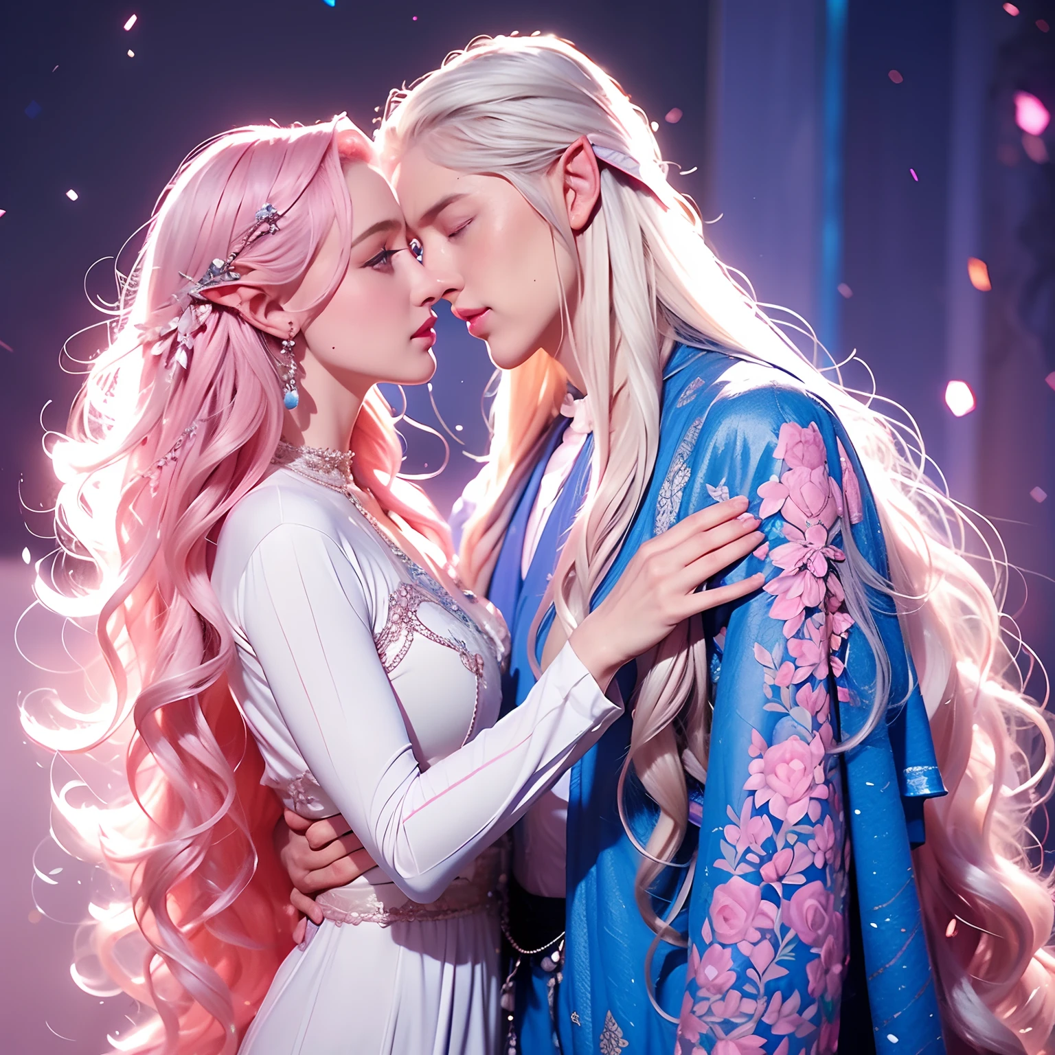 "Woman, long curly hair, pink hair, blue eyes, close to the man. Man, boy, young, male, long hair, white hair, close to woman, dance position, together, elf ear, m Woman with elf ears, man with elf ears, elves