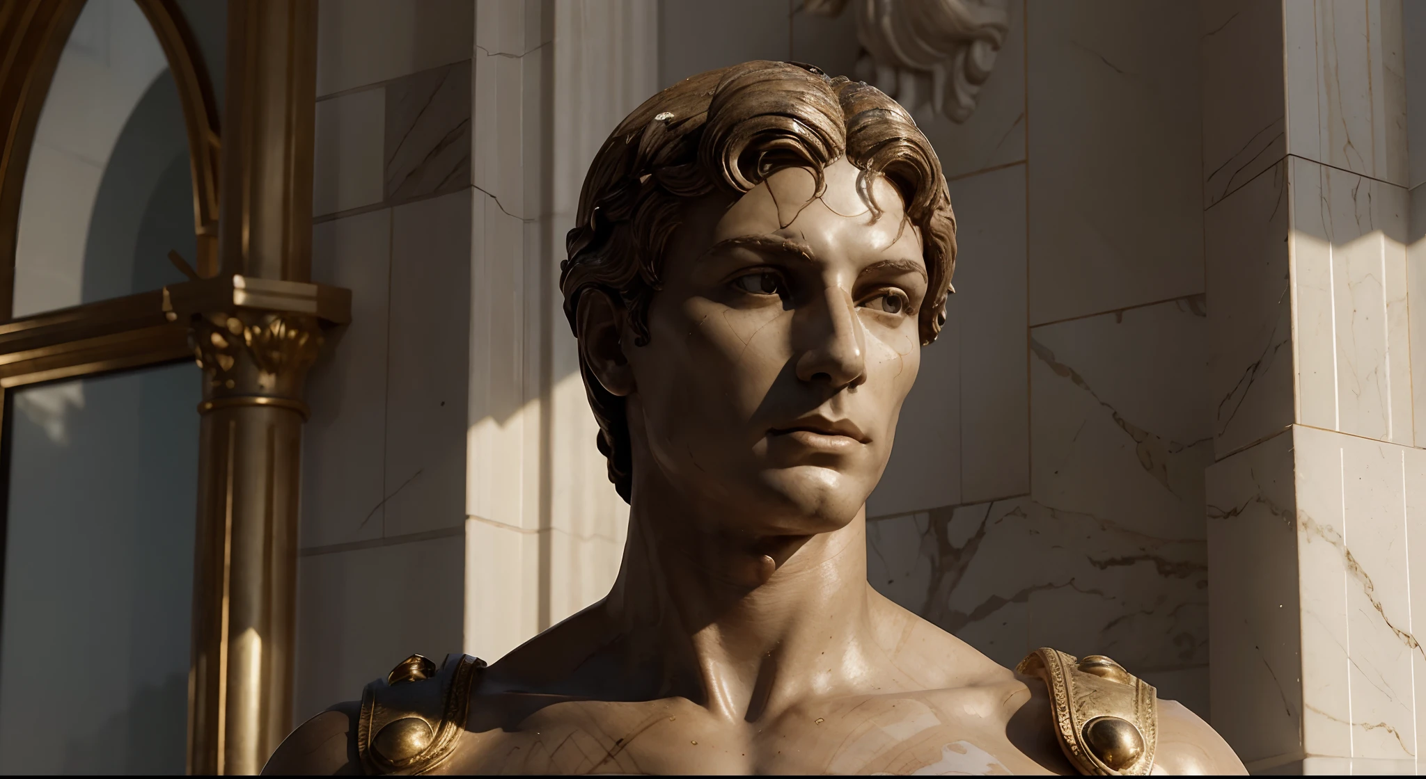 (best quality, realistic:1.37), marble statue of Emperor Julian the Apostate embracing stoic principles, muscular, aesthetically pleasing, detailed facial features, prominent cheekbones, chiseled jawline, intense eyes, Greek-inspired attire, majestic posture, serene expression, natural light, soft shadows, bronze highlights, timeless beauty, classical sculpture