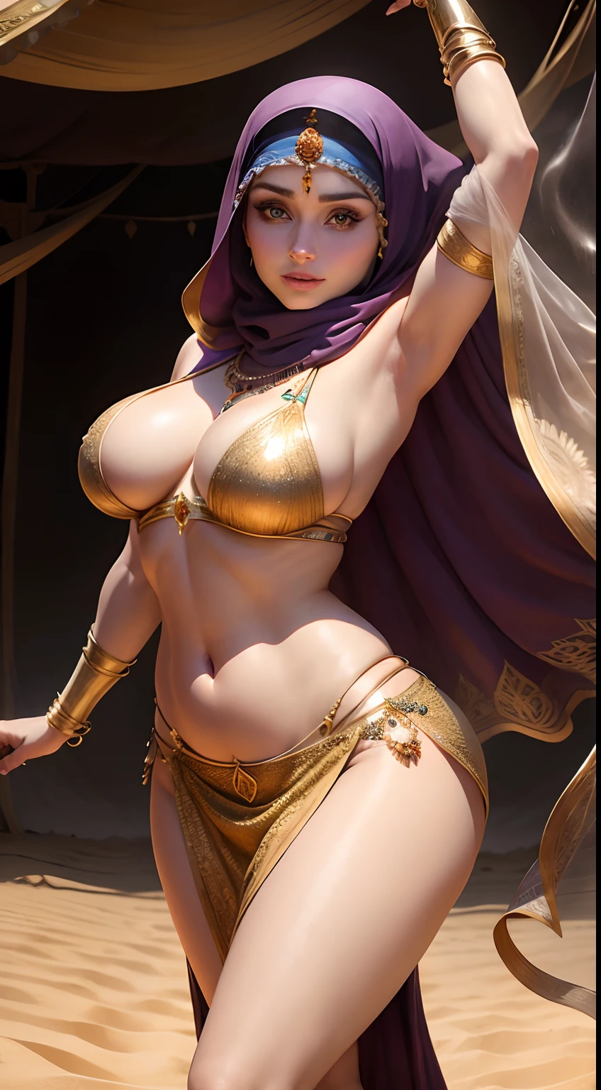 Hijabi Bryce Dallas Howard, as a young belly dancer, in transparent harem clothes, eye mascara, eye shadows, long eye lashes, arabic jewellery , large breasts, dancing , in a desert tent