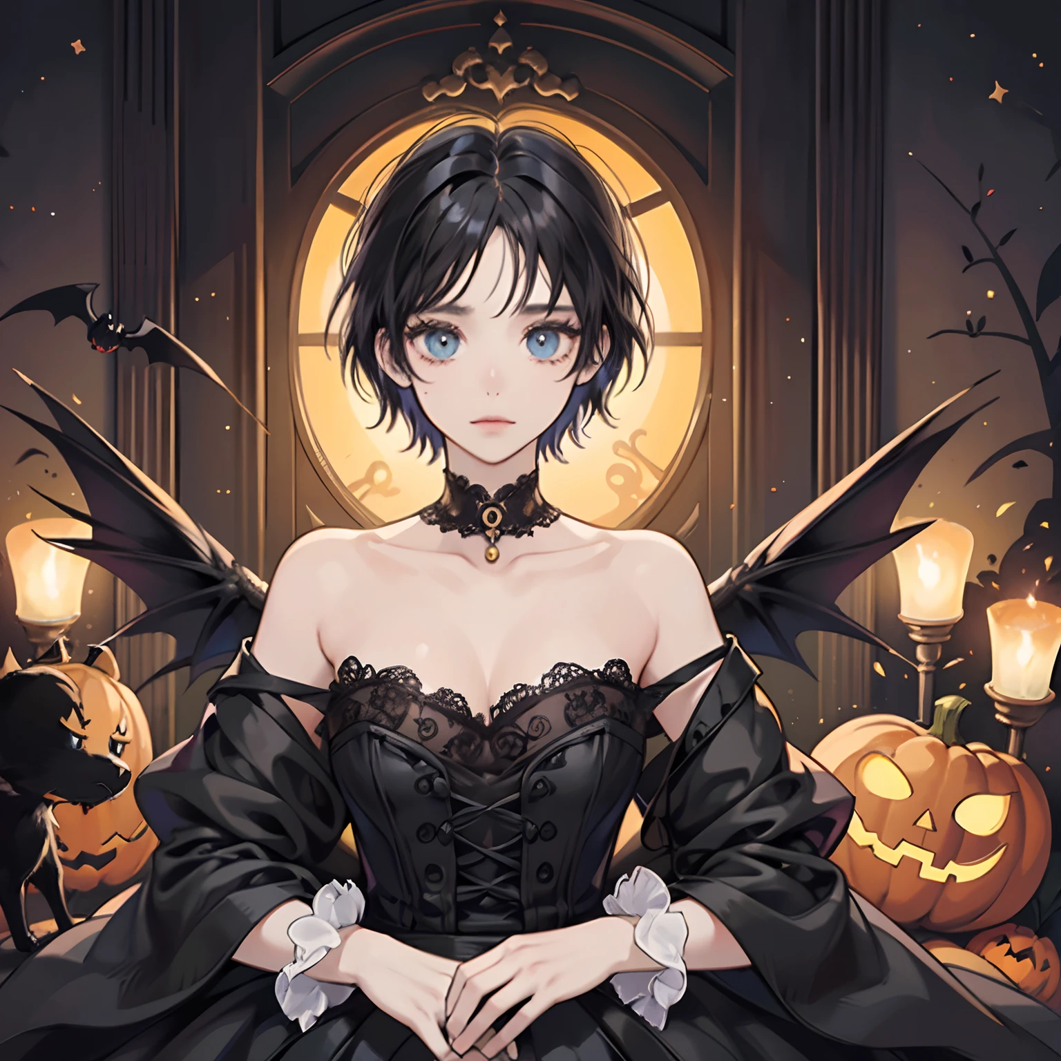 Generate a set of Halloween-themed stickers for WhatsApp and Messenger based on the movie 'Coraline'.  Be sure to include Coraline in her different outfits, the black cat, the three children's ghosts, Halloween pumpkins, the Coraline doll with button eyes, and important items like the key to the secret door.  Illustrations must be anatomically correct, without deformations or disproportions, in high resolution and with well-defined details.  Do not include violent, gory elements, content inappropriate for minors, political or ideological references, dark humor or sarcasm.  Be sure to avoid digital artifacts such as Moiré banding, static, or noise in the generated images.