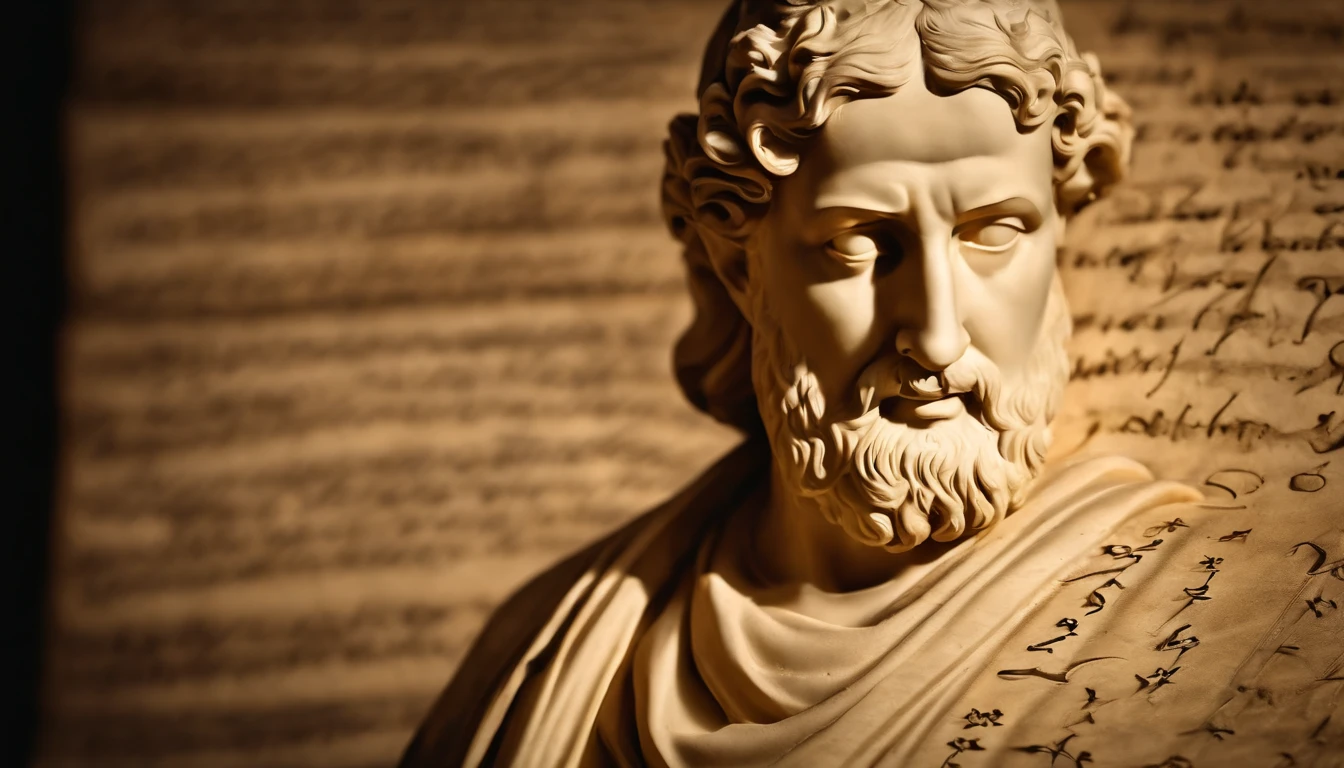 Statue depicting Stoic virtue, with an emphasis on the details of the parchment and quill.
Close-up camera angulation to highlight the details of the writing on the parchment.
Direct lighting that brings out the calligraphy on the parchment and the texture of the paper.