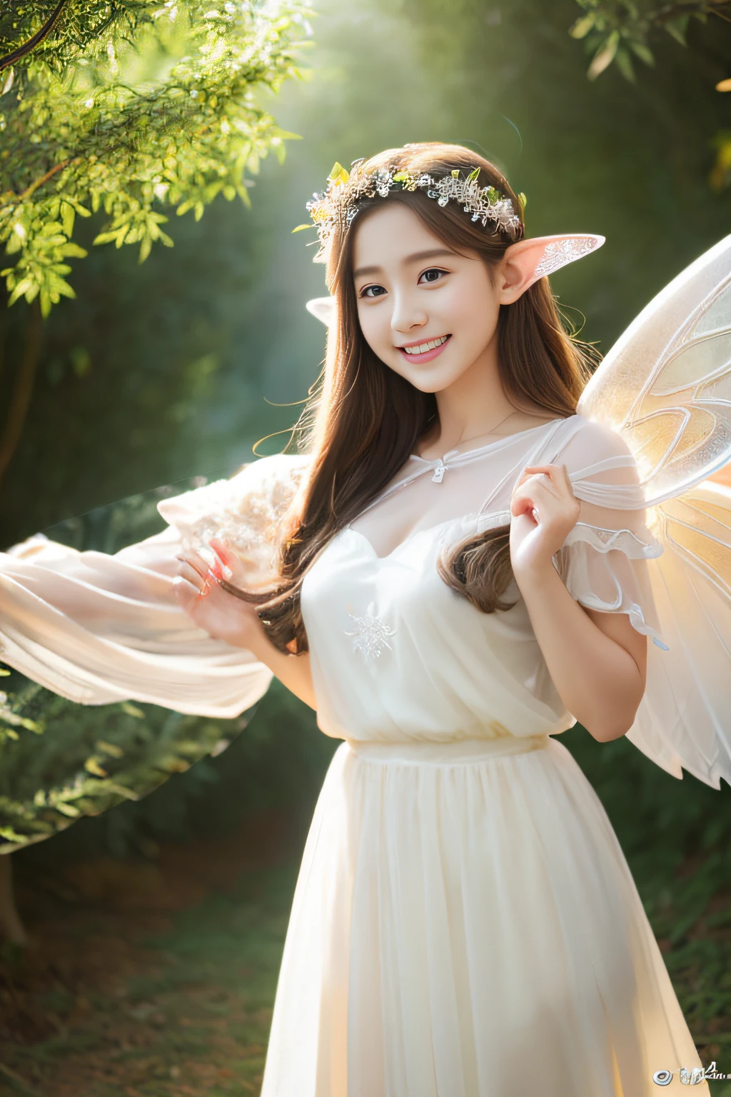 crouching down、Fairy Girl、Girl in a light white dress of a fantasy elf、A pale light that envelops the whole body、On the back there are transparent fairy wings、Ash brown hair、elvish、Ecstatic look、Voluminous bust size、Best Quality, (((Vitreous skin))) ,Photorealistic, High resolution, Detailed、the woods