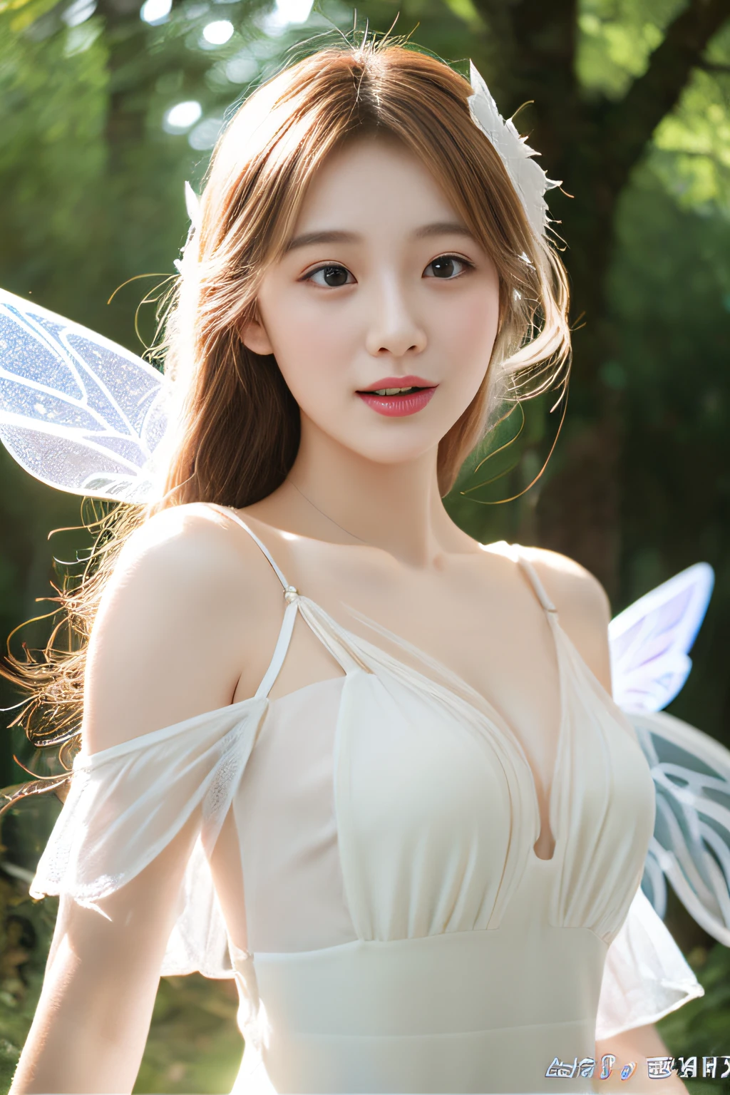 Fairiy with a Japanese face,Lake Cruise,1girl, ((best quality)), ((masterpiece)), (detailed), realistic, photo, ethereal beauty,cute,(black hair:1.2), (black eyes:1.2),Light colored dress,(transparent fairy wings:1.2), exquisite and beautiful face, exquisite collarbone, seductive and delicate collarbone, charming fragrant shoulders, shoulders slightly exposed,peach Red lips,(smile:1.2),beautiful tit,belly button,pale snow white skin, pale milky white porcelain skin, (smooth translucent white skin:0.4)