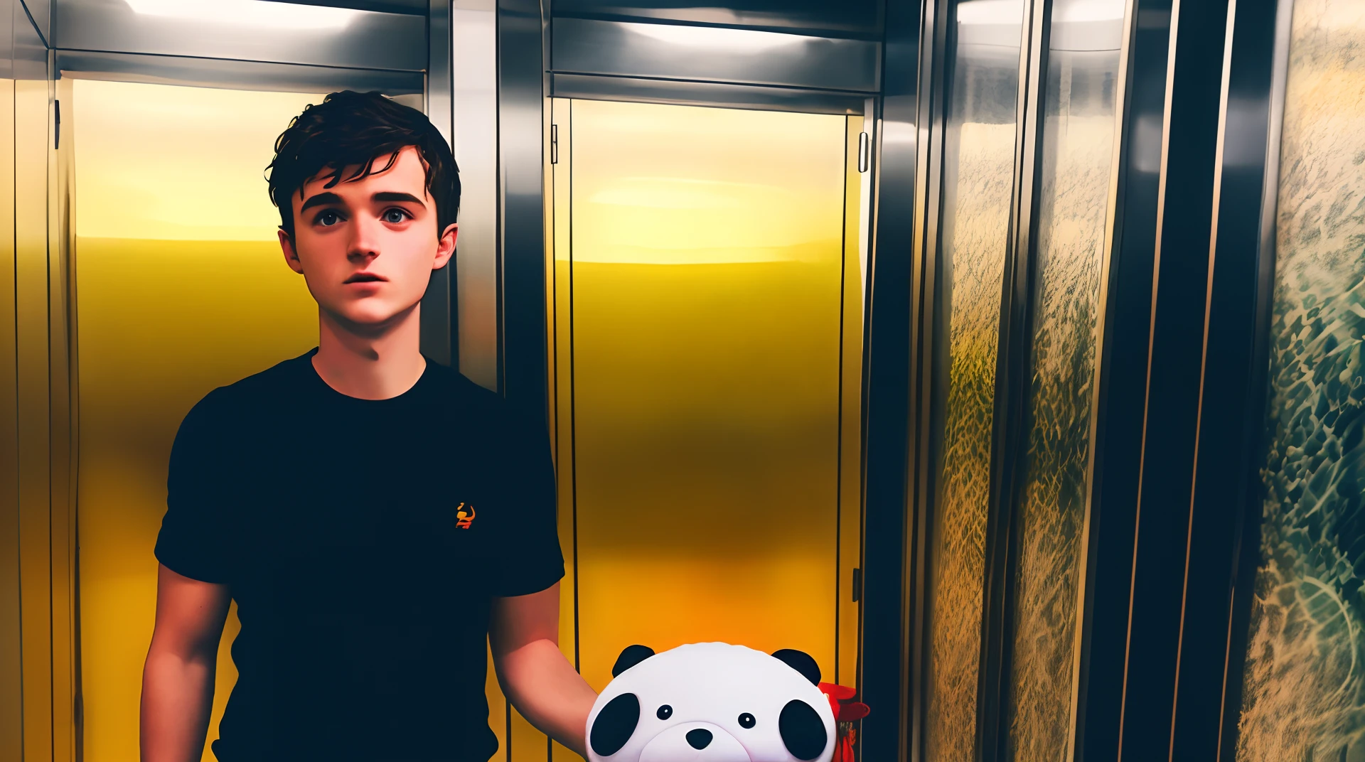 Josh hutcherson holding plushie in elevator with fish lens pov