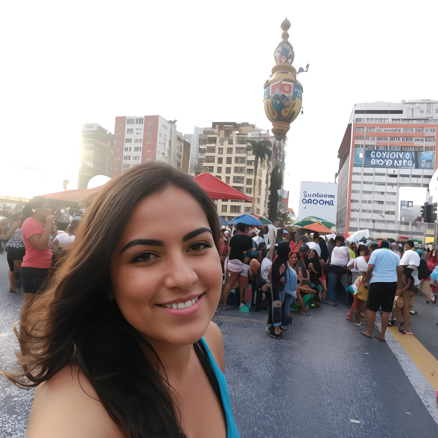 Smiling woman in blue dress standing in front of a crowd of people, standing in a city center, Carnaval de Barranquilla, Central Mexico, com uma cidade em segundo plano, In Sao Paulo, by Gina Pellón, in a city square, foto selfie, avenida paulista, foto de rua, no meio da cidade, Lorena Avarez