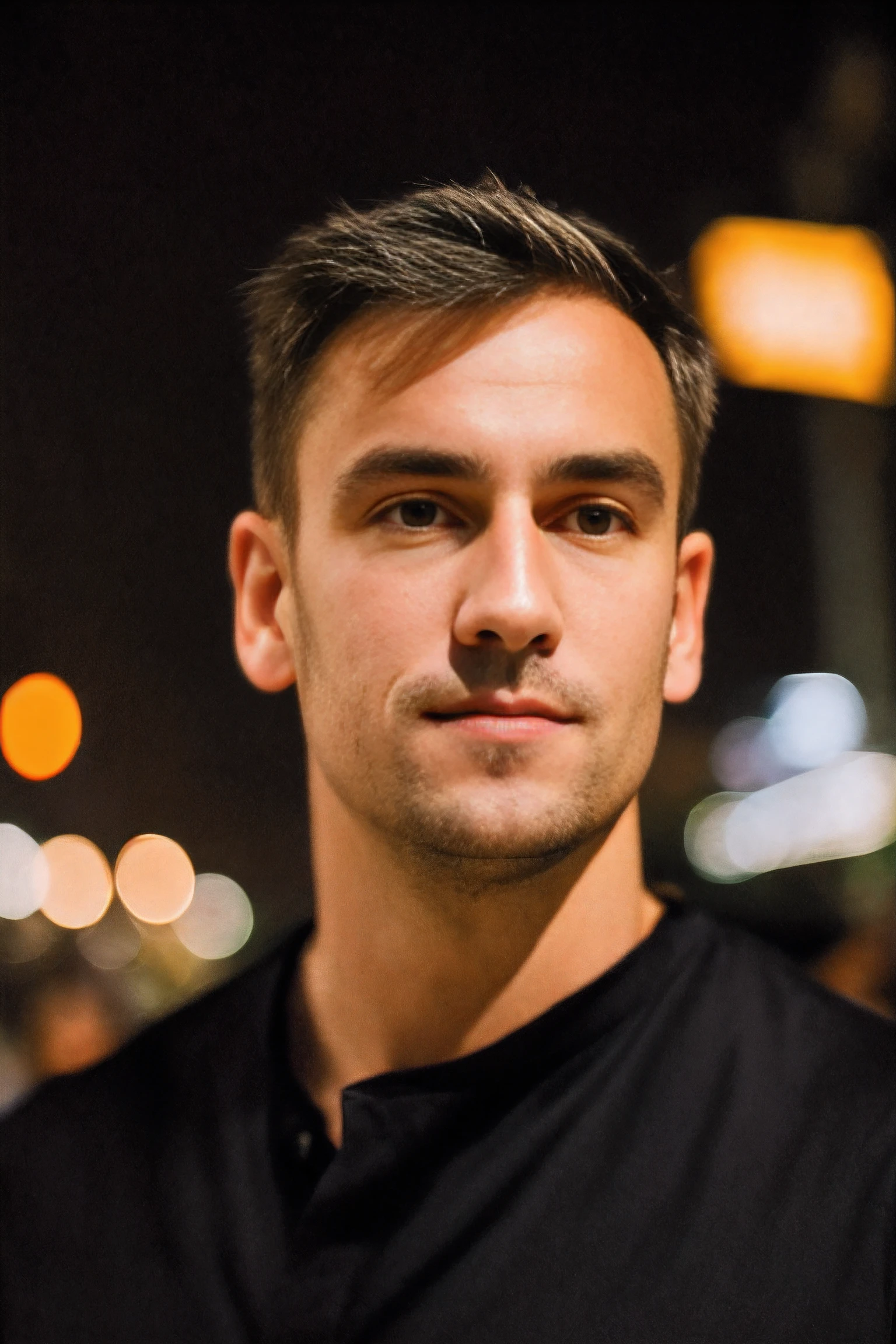 closeup face photo of caucasian man (Sanchous:1) in black clothes, night city street, bokeh