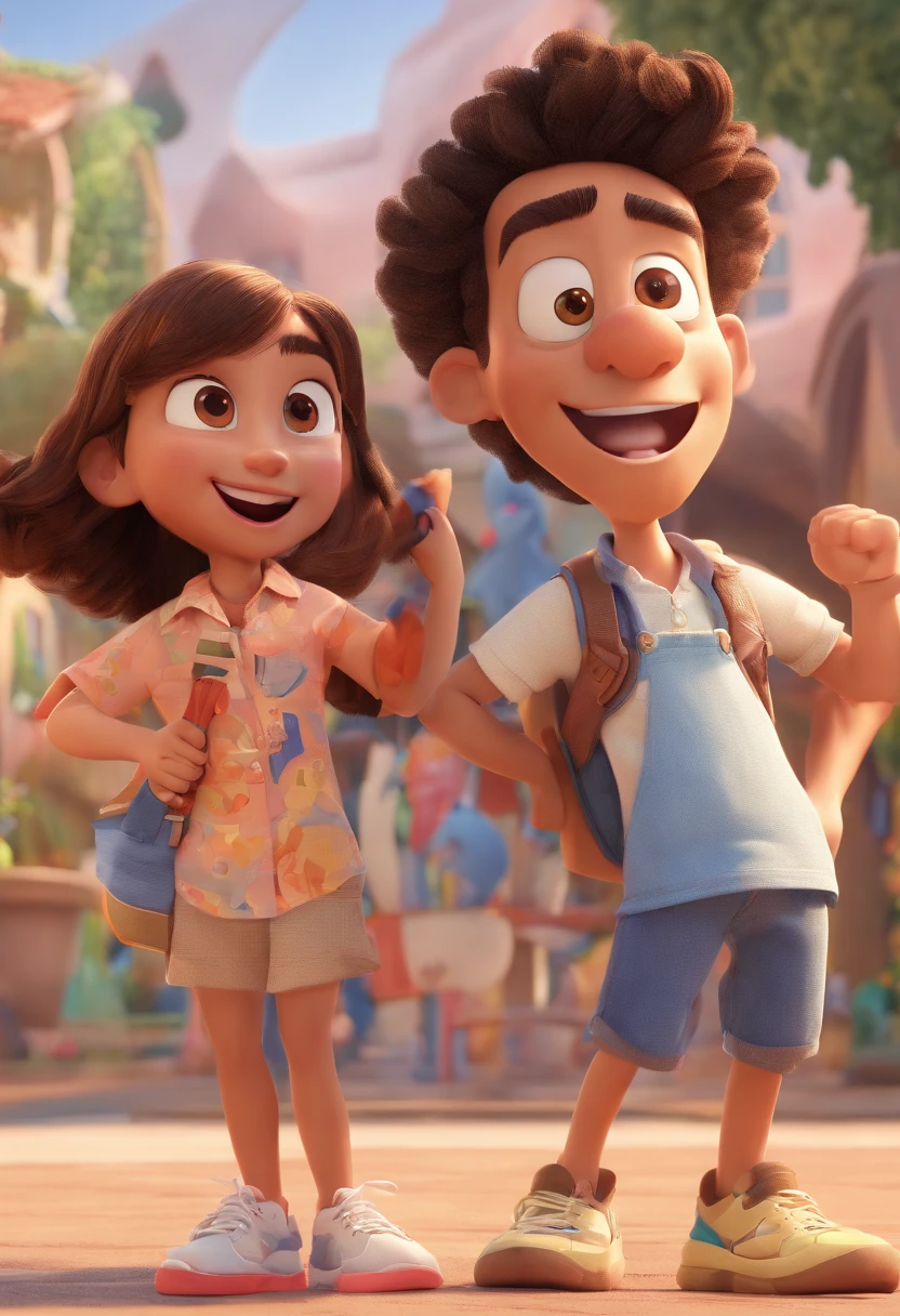 Cartoon of friends having fun on vacation together, 3D Animation Movie Poster, Poster de filme animado, pixar 3 d animation style, pixar renderman rendering, maia 8 mil, animated film, Disney Pixar Estilo 3D, amigos felizes saem juntos, all wearing light blue shirts and cream brown long pants, camisa azul clara, cream brown pants, ao ar livre, vacation, Disney Pixar Animation Poster