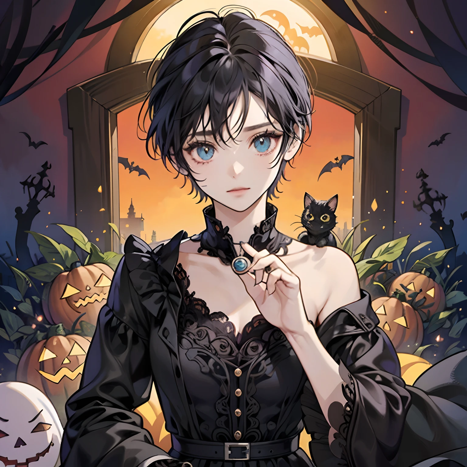 Generate a set of Halloween-themed stickers for WhatsApp and Messenger based on the movie 'Coraline'. Be sure to include Coraline in her different outfits, the black cat, the three children's ghosts, Halloween pumpkins, the Coraline doll with button eyes, and important items like the key to the secret door. Illustrations must be anatomically correct, without deformations or disproportions, in high resolution and with well-defined details. Do not include violent, gory elements, content inappropriate for minors, political or ideological references, dark humor or sarcasm. Be sure to avoid digital artifacts such as Moiré banding, static, or noise in the generated images.