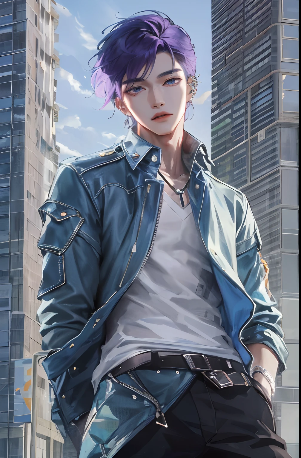 Describe the striking features of the Korean boy in sharp HD graphics, with his piercing blue eyes and chiseled jawline, wearing a stylish, modern outfit that accentuates his lean physique. His short, violet hair is styled in a contemporary way, giving him an air of confidence and charm as he stands against a vibrant cityscape backdrop.